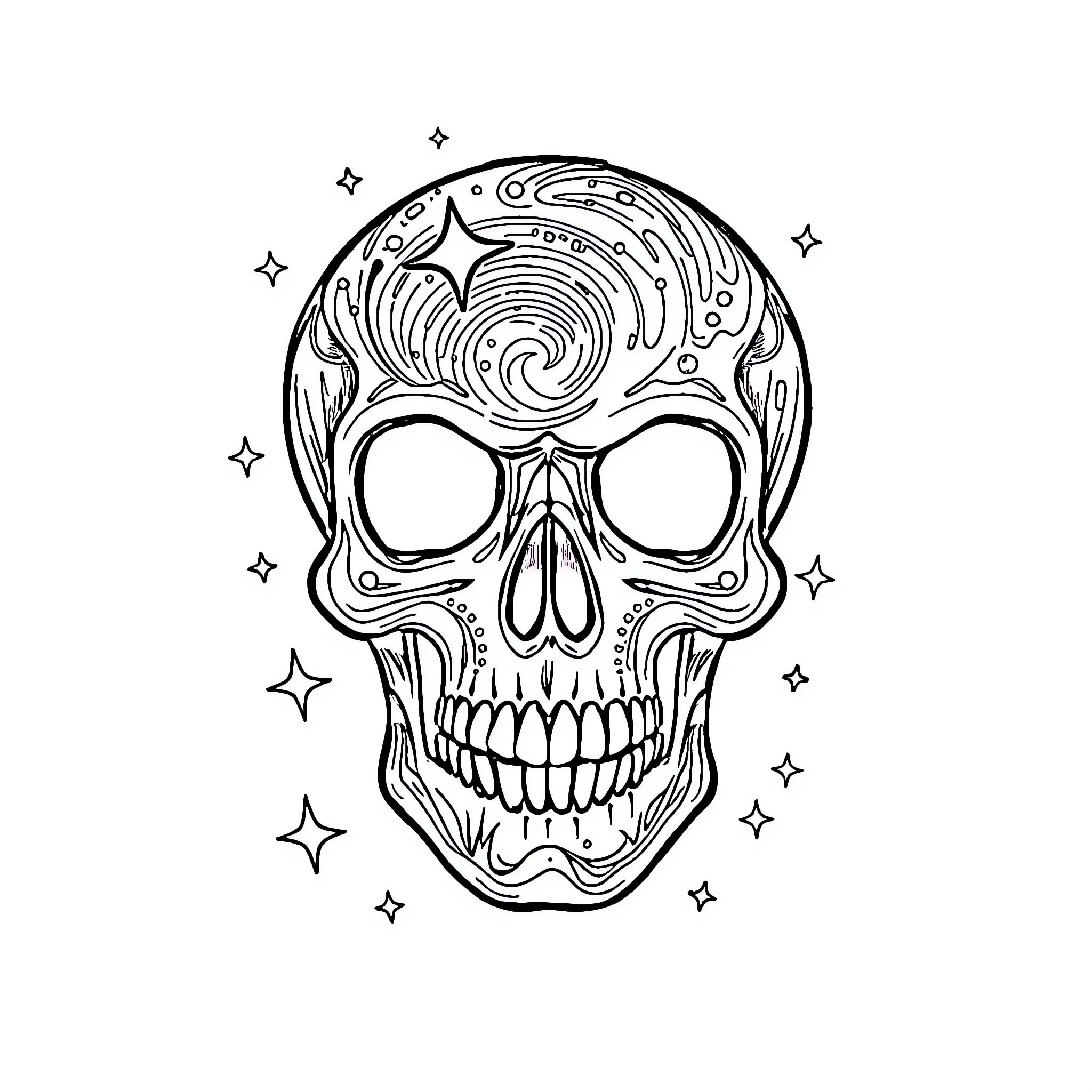 Skull with Intricate Floral Patterns Coloring Page (free black-and-white line drawing printable PDF for all, from beginners to advanced learners, including children, teens, adults, and seniors)