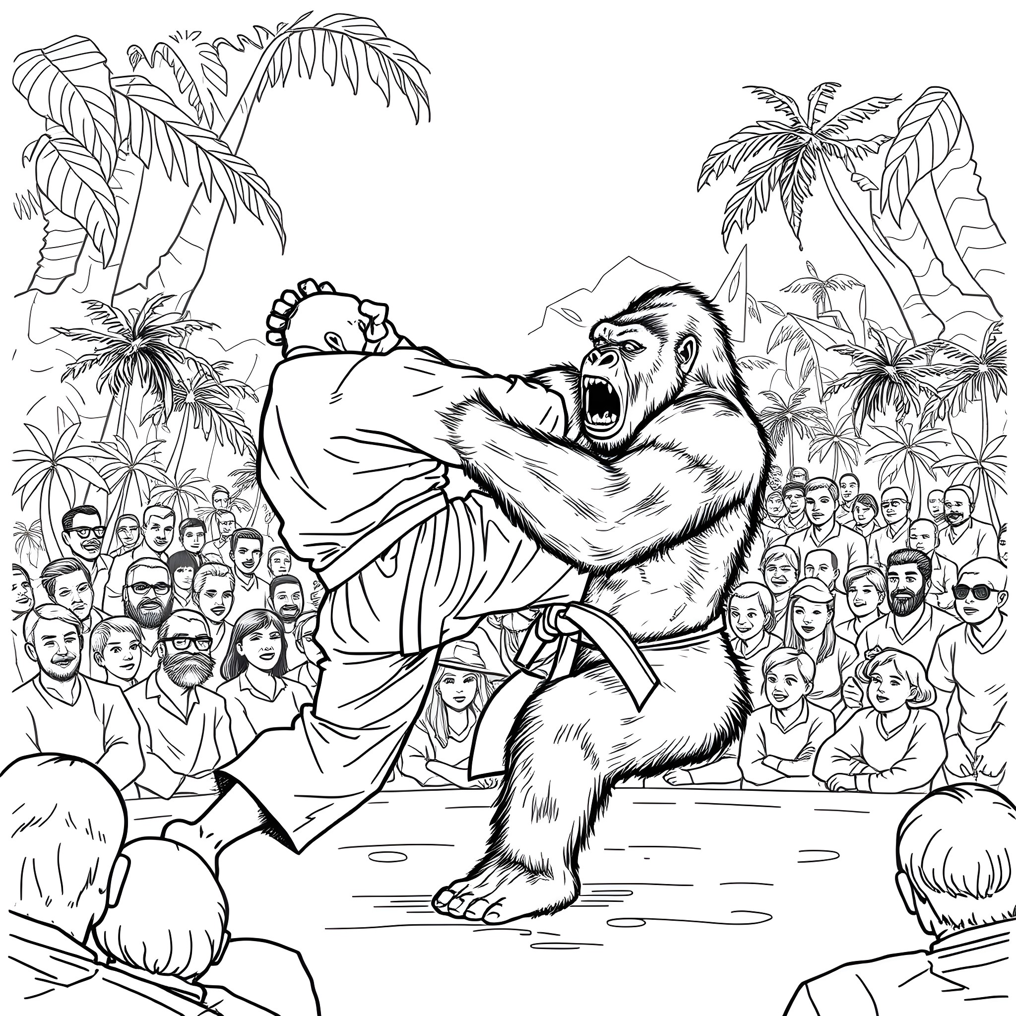 Judoka Performing Martial Arts Demonstration in Outdoor Setting Coloring Page (free black-and-white line drawing printable PDF for all, from beginners to advanced learners, including children, teens, adults, and seniors)