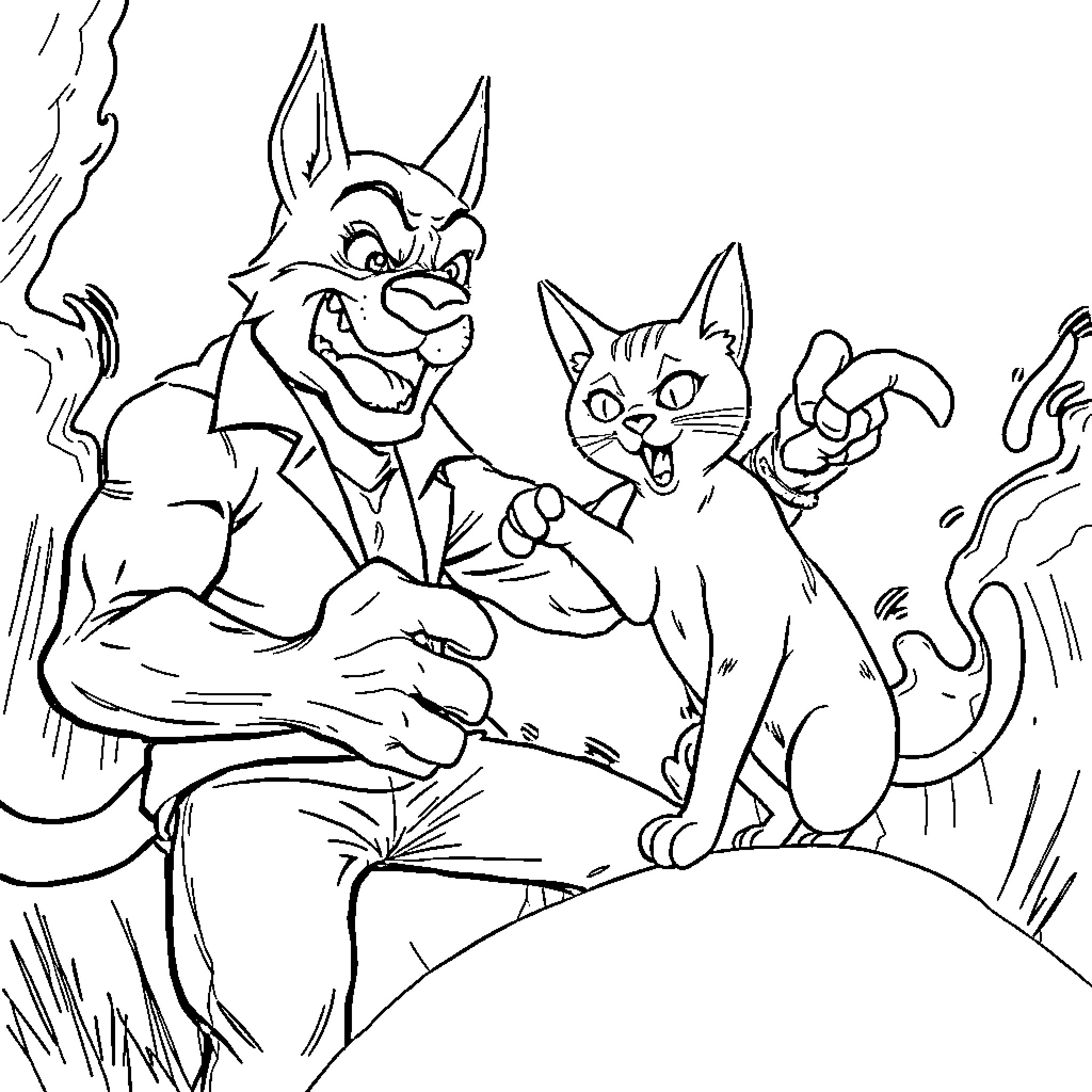 Dog Man and his cat companion in a forest Coloring Page (free black-and-white line drawing printable PDF for all, from beginners to advanced learners, including children, teens, adults, and seniors)