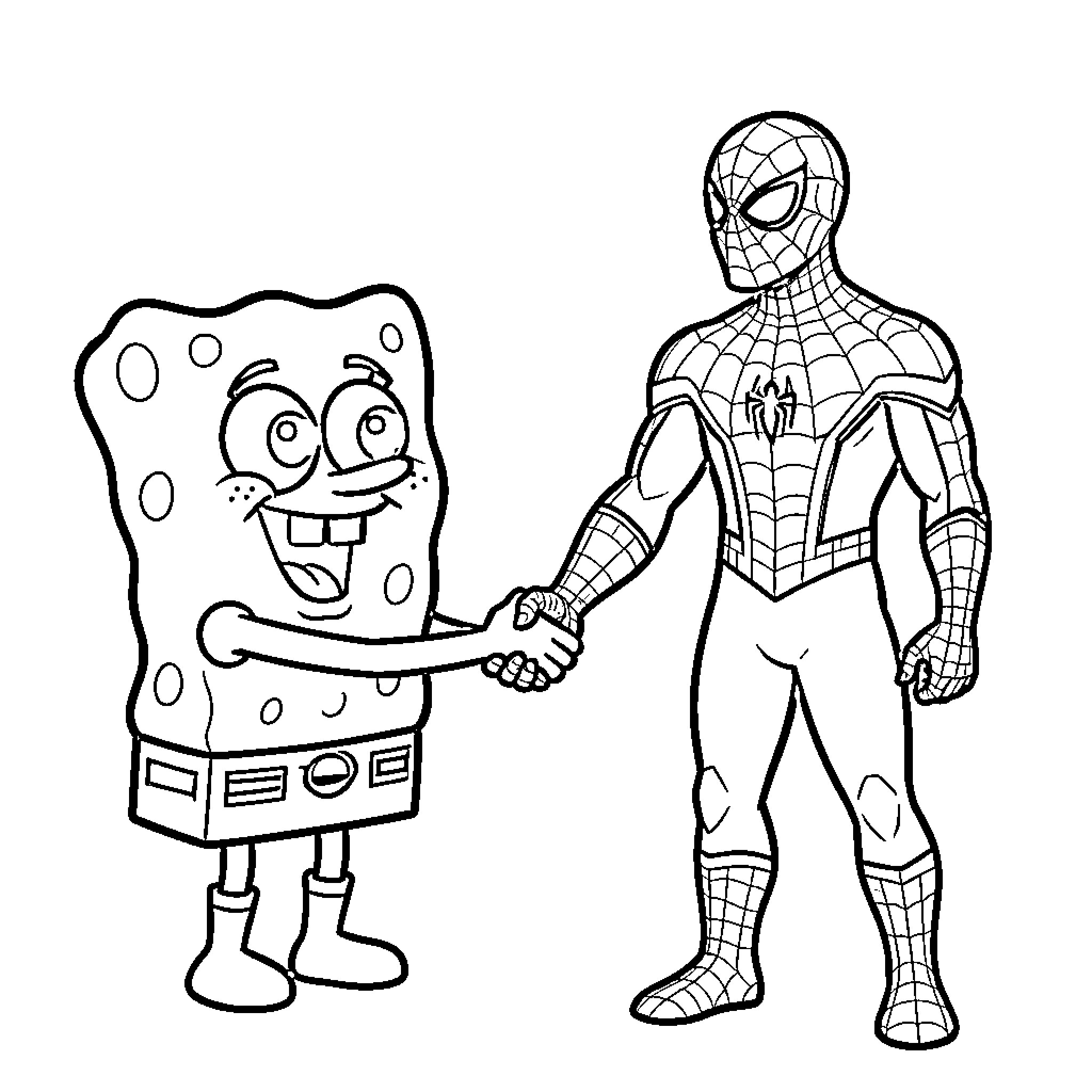 Bob l'éponge shaking hands with Spider-Man Coloring Page (free black-and-white line drawing printable PDF for all, from beginners to advanced learners, including children, teens, adults, and seniors)