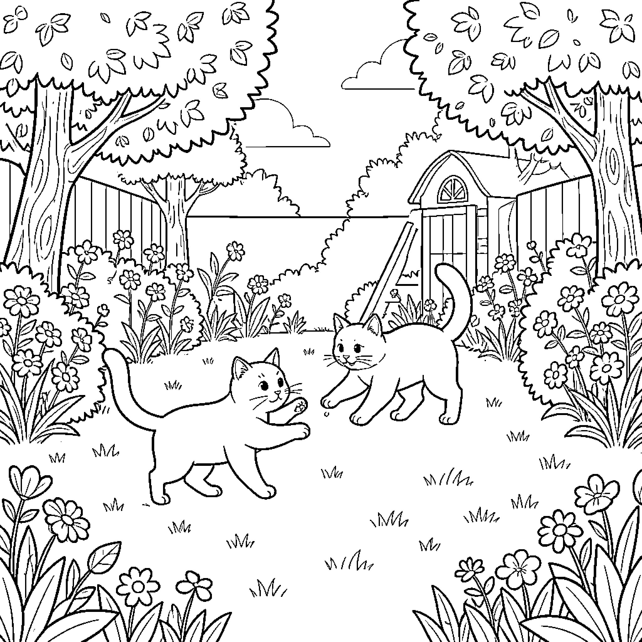 Cats exploring the enchanted forest Coloring Page (free black-and-white line drawing printable PDF for all, from beginners to advanced learners, including children, teens, adults, and seniors)