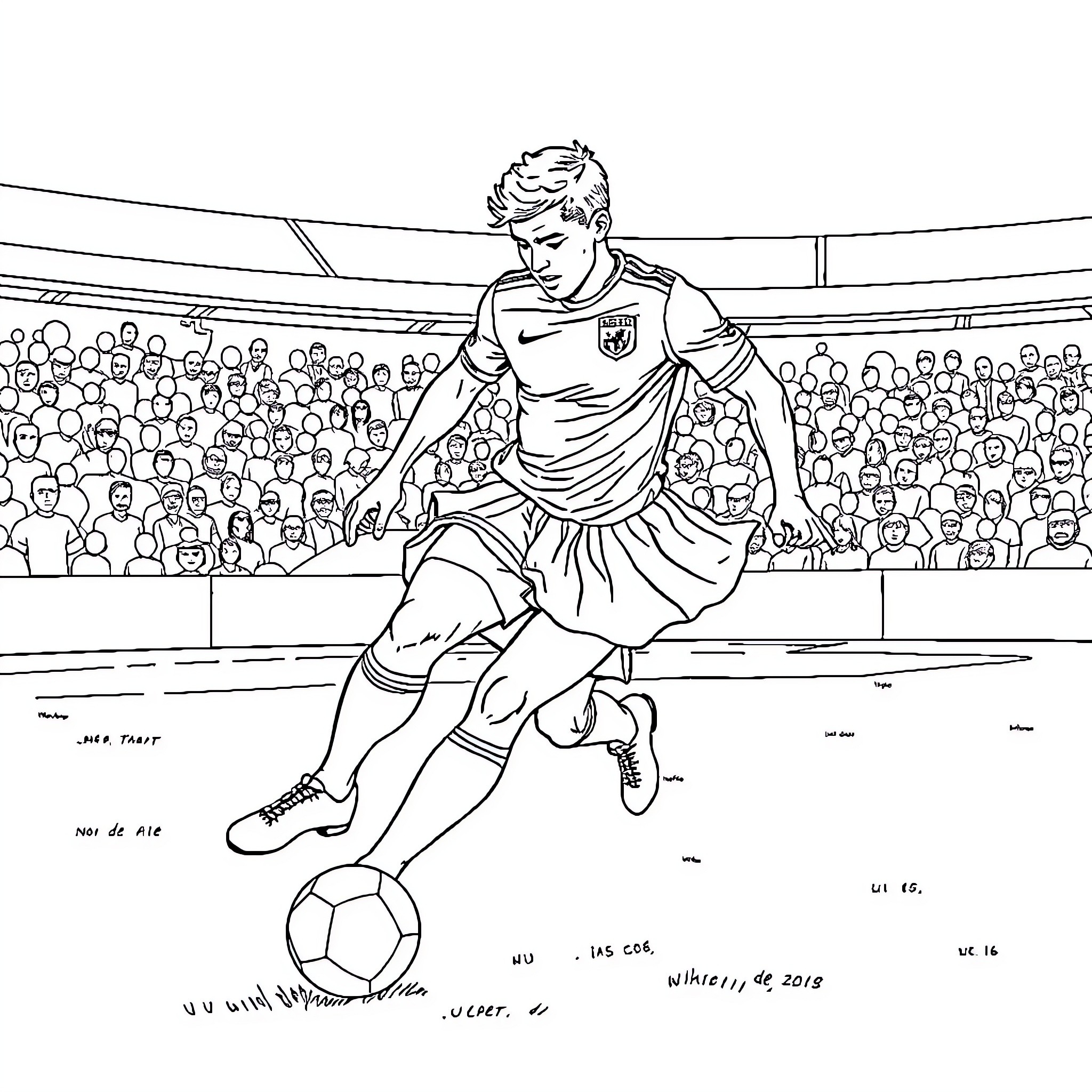 Football Player Dribbling and Shooting on the Field Coloring Page (free black-and-white line drawing printable PDF for all, from beginners to advanced learners, including children, teens, adults, and seniors)