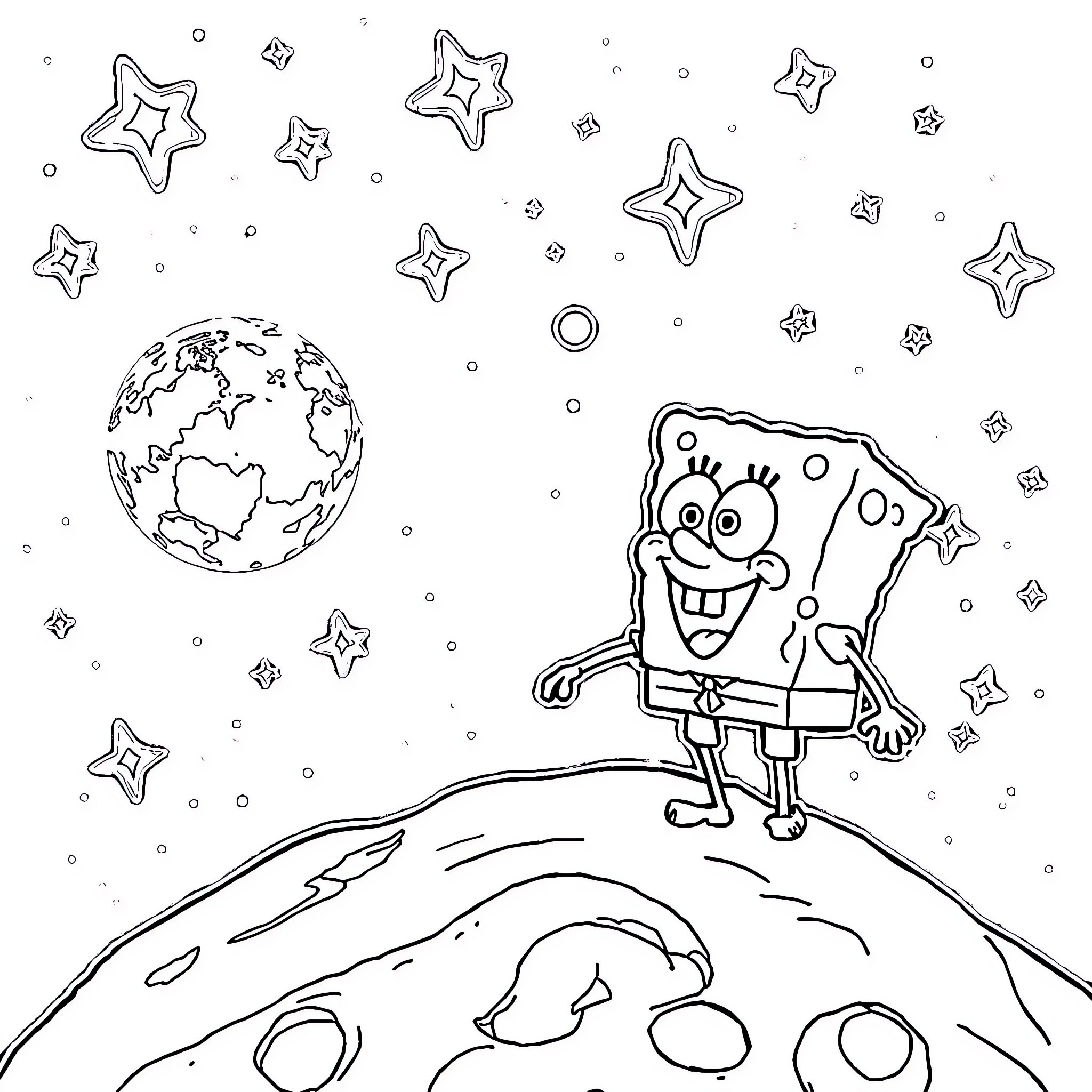 Spongebob gazing at the starry night sky Coloring Page (free black-and-white line drawing printable PDF for all, from beginners to advanced learners, including children, teens, adults, and seniors)