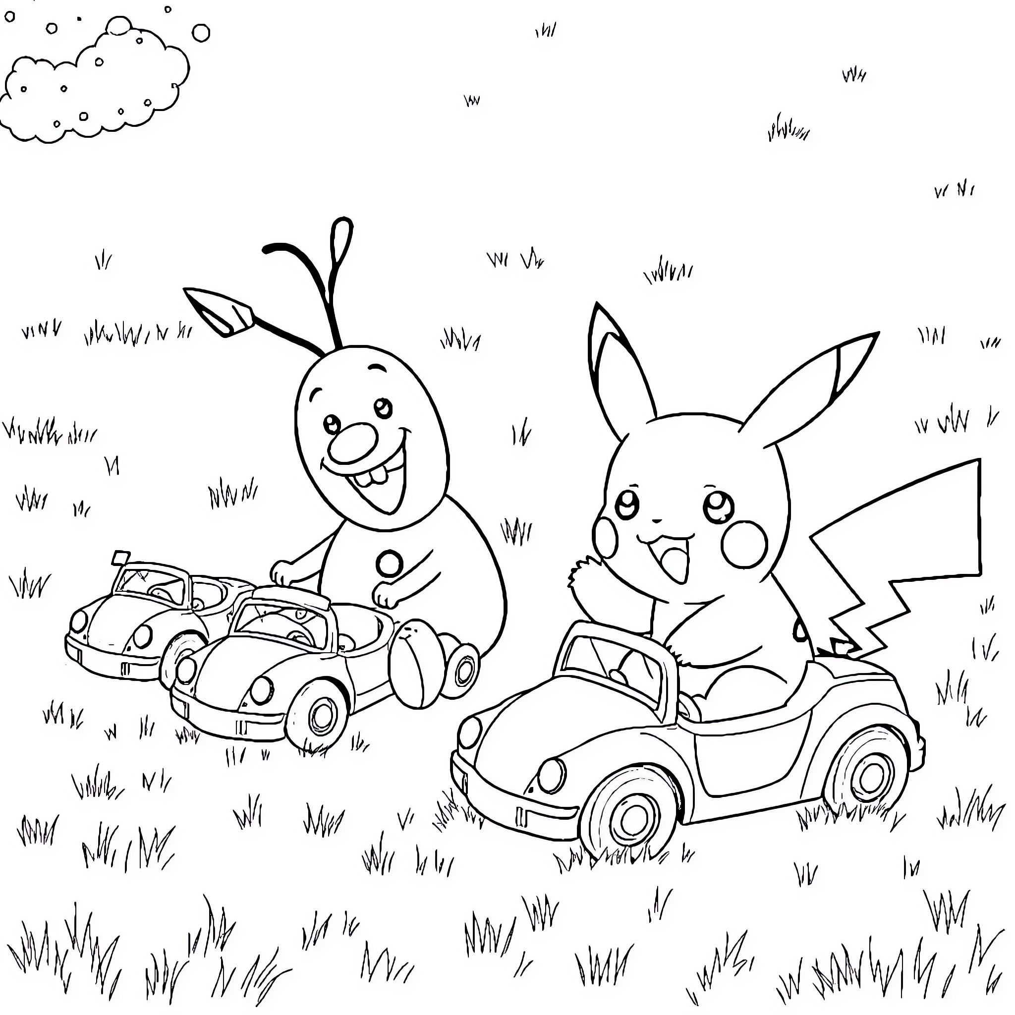 Pikachu and friends enjoy a playful ride in their toy cars Coloring Page (free black-and-white line drawing printable PDF for all, from beginners to advanced learners, including children, teens, adults, and seniors)