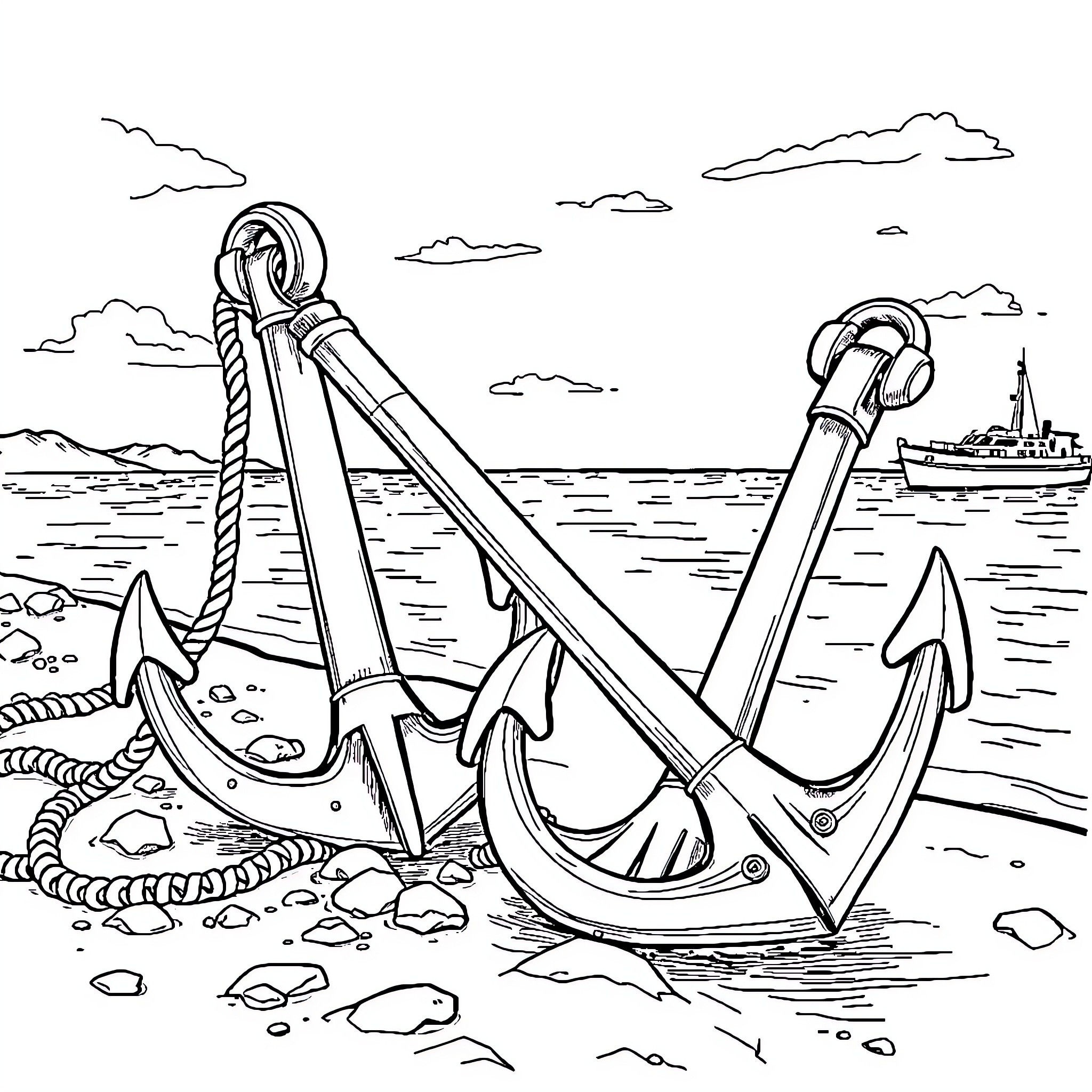 Anchor of the rocky seashore Coloring Page (free black-and-white line drawing printable PDF for all, from beginners to advanced learners, including children, teens, adults, and seniors)