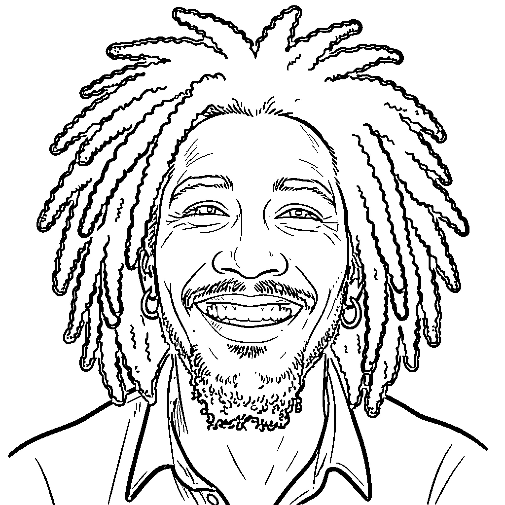 Bob Marley smiling broadly with dreadlocks Coloring Page (free black-and-white line drawing printable PDF for all, from beginners to advanced learners, including children, teens, adults, and seniors)