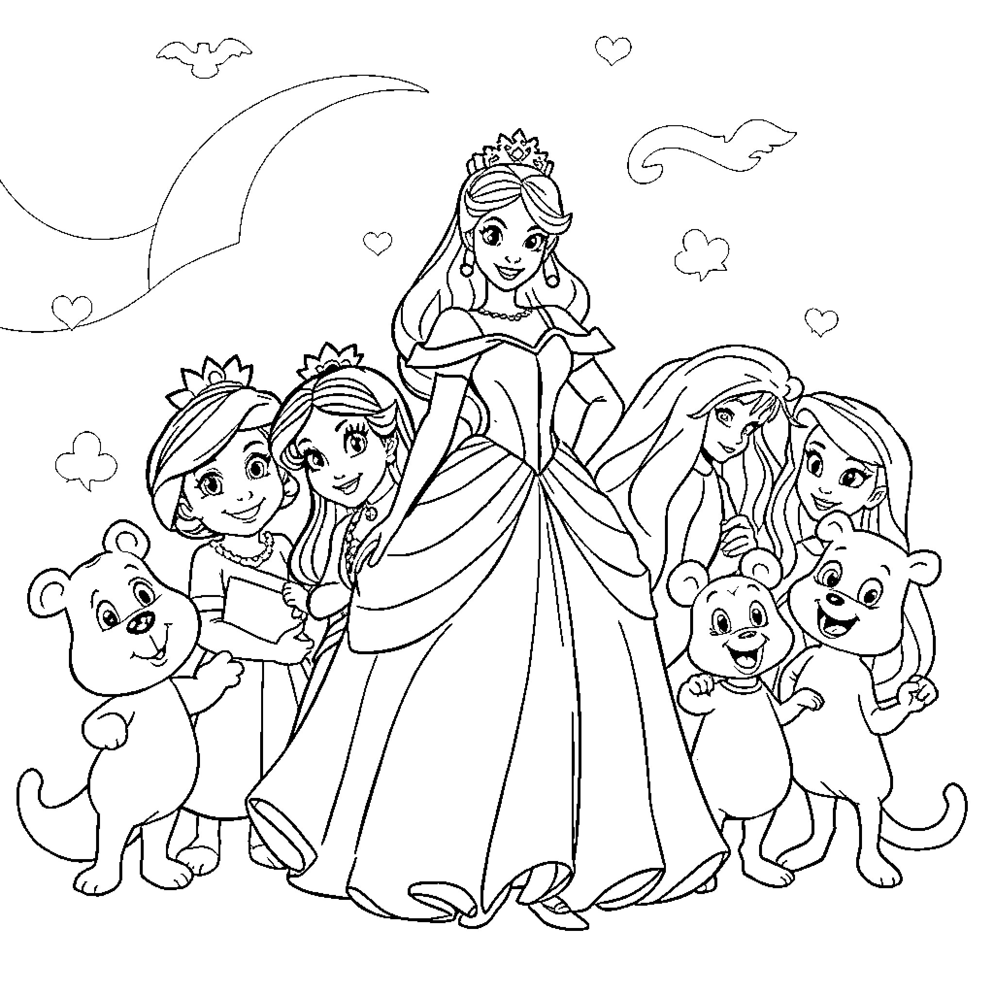 Disney Princess Gathering with Companions in Magical Setting Coloring Page (free black-and-white line drawing printable PDF for all, from beginners to advanced learners, including children, teens, adults, and seniors)