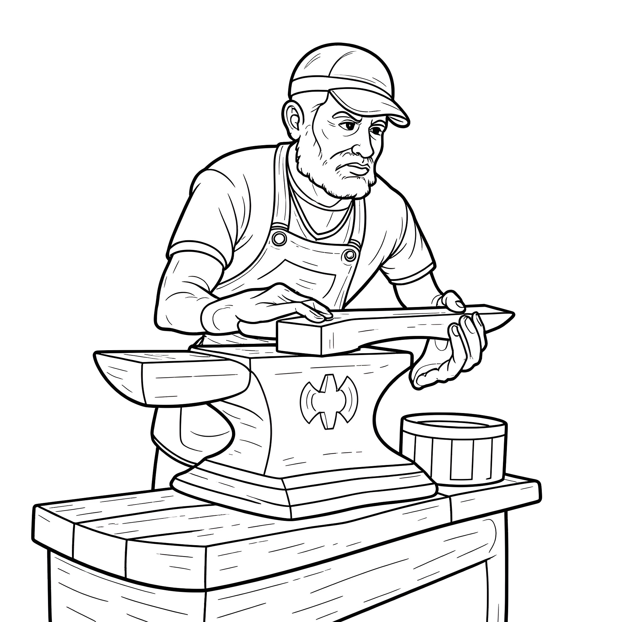 Blacksmith working diligently at his forge Coloring Page (free black-and-white line drawing printable PDF for all, from beginners to advanced learners, including children, teens, adults, and seniors)