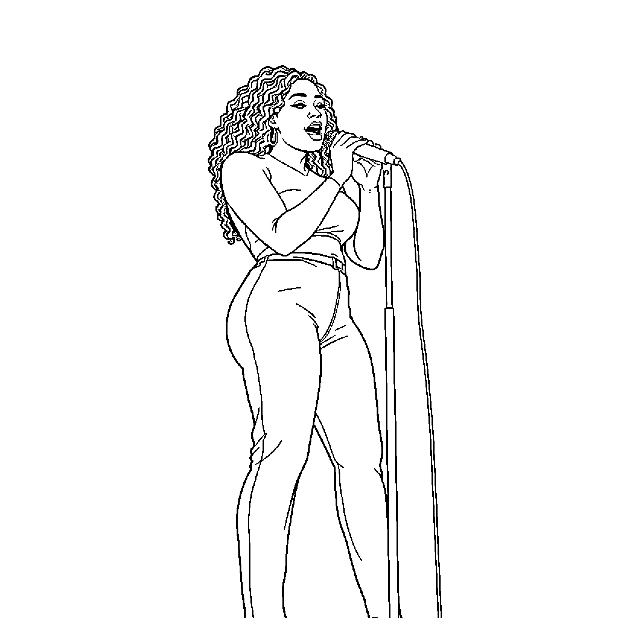 SZA performing on stage in an expressive pose Coloring Page (free black-and-white line drawing printable PDF for all, from beginners to advanced learners, including children, teens, adults, and seniors)