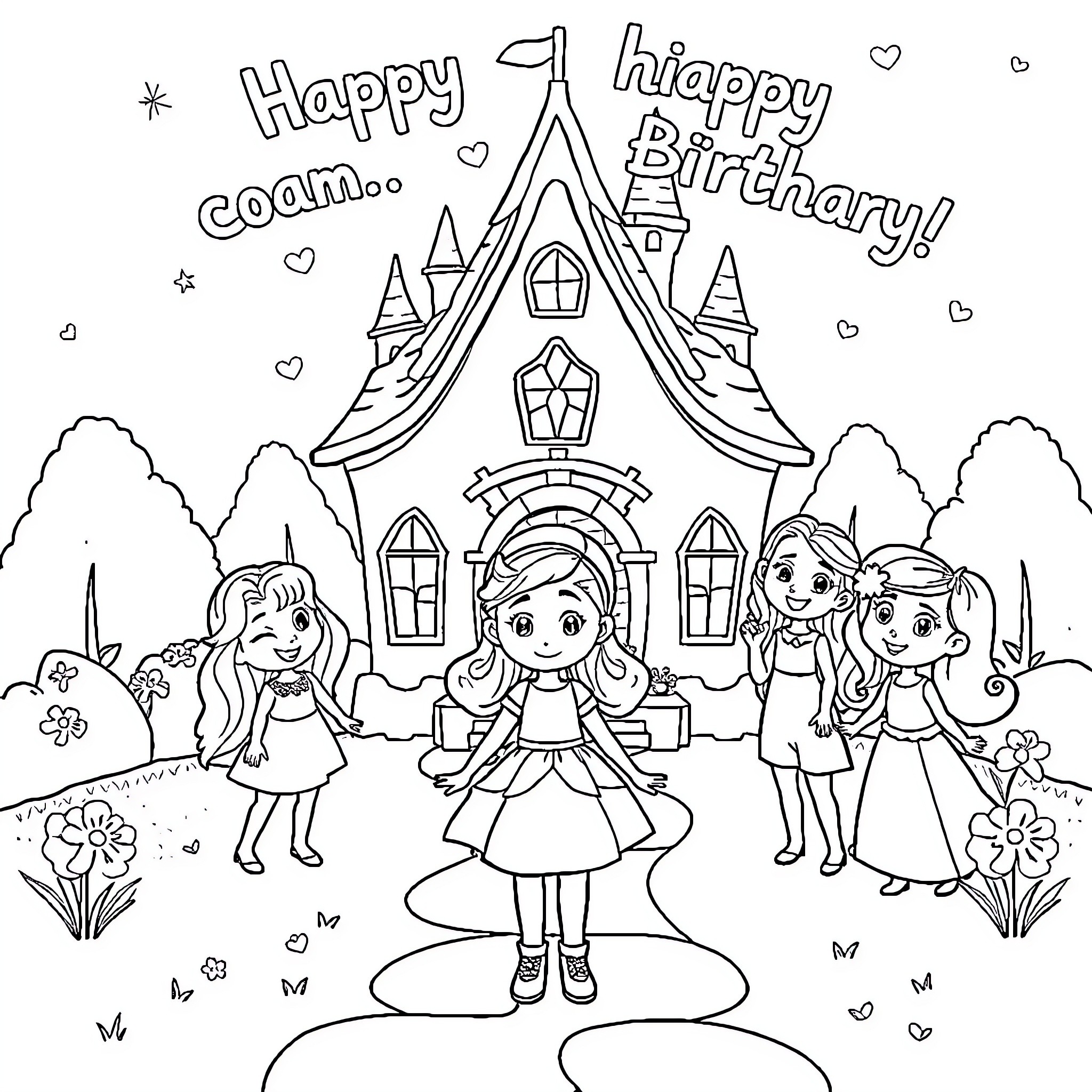 Gabby's happy birthday celebration with friends Coloring Page (free black-and-white line drawing printable PDF for all, from beginners to advanced learners, including children, teens, adults, and seniors)