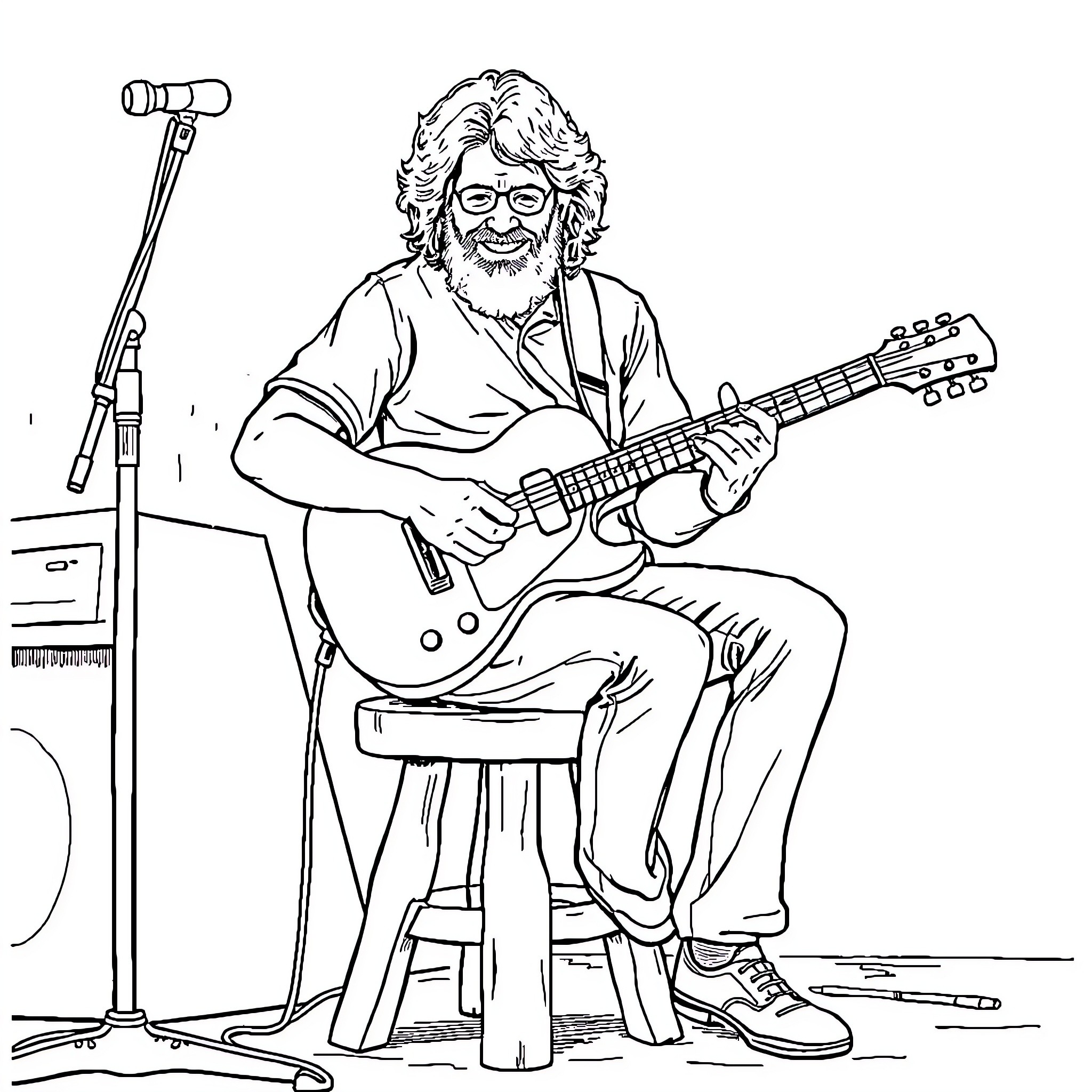 Jerry Garcia playing guitar on stage Coloring Page (free black-and-white line drawing printable PDF for all, from beginners to advanced learners, including children, teens, adults, and seniors)