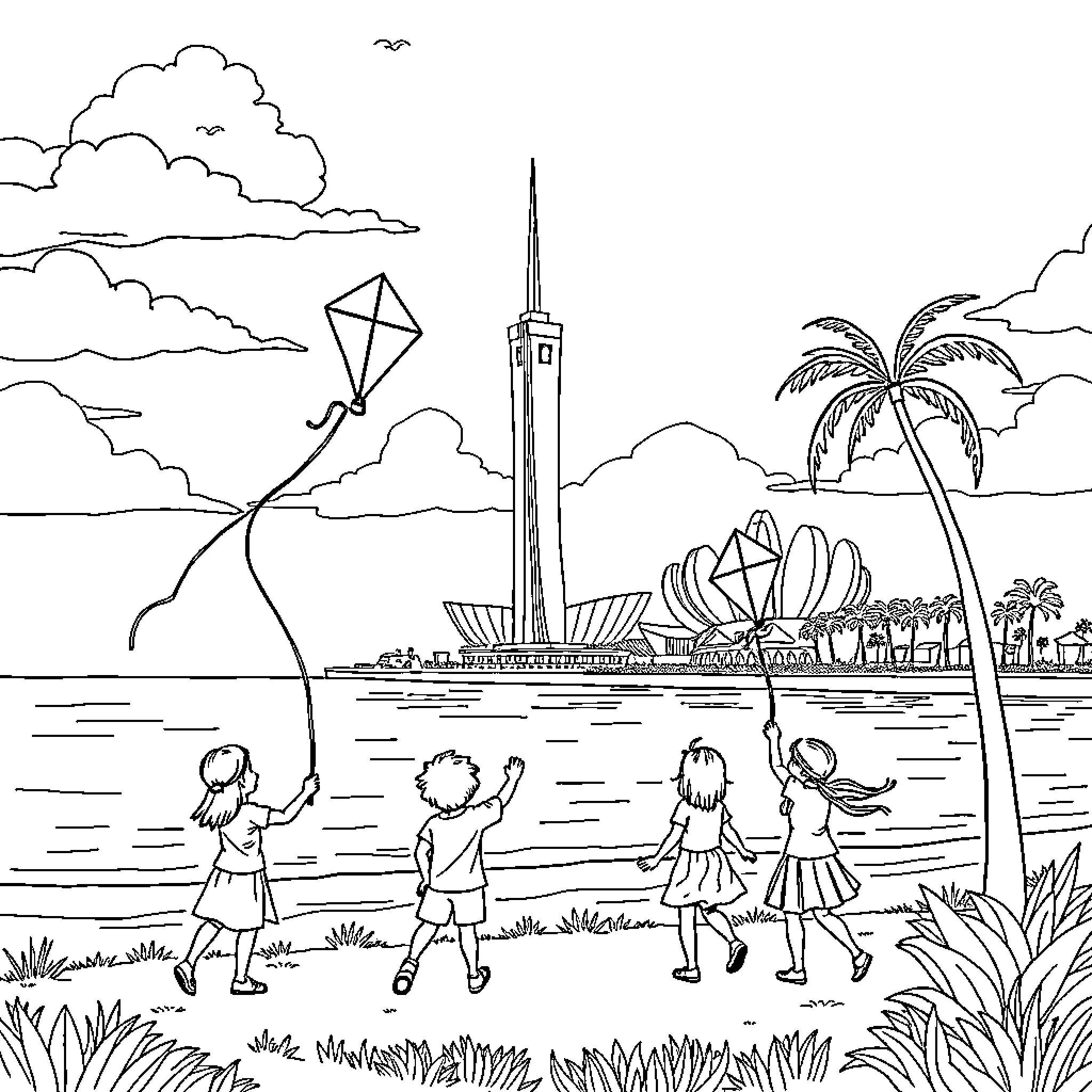 Children playing with kites near tropical beach Coloring Page (free black-and-white line drawing printable PDF for all, from beginners to advanced learners, including children, teens, adults, and seniors)