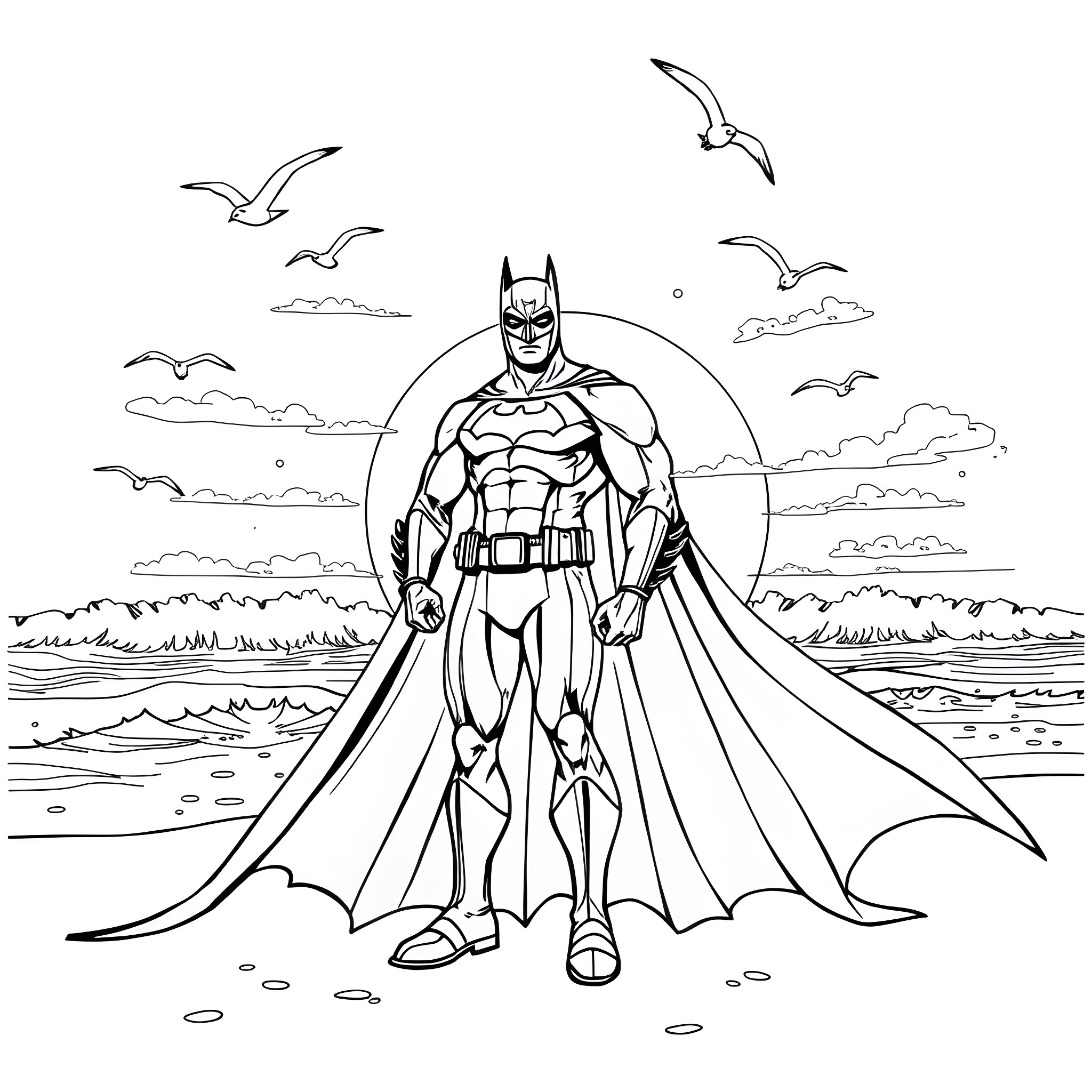 Batman surveying the city in his heroic stance Coloring Page (free black-and-white line drawing printable PDF for all, from beginners to advanced learners, including children, teens, adults, and seniors)