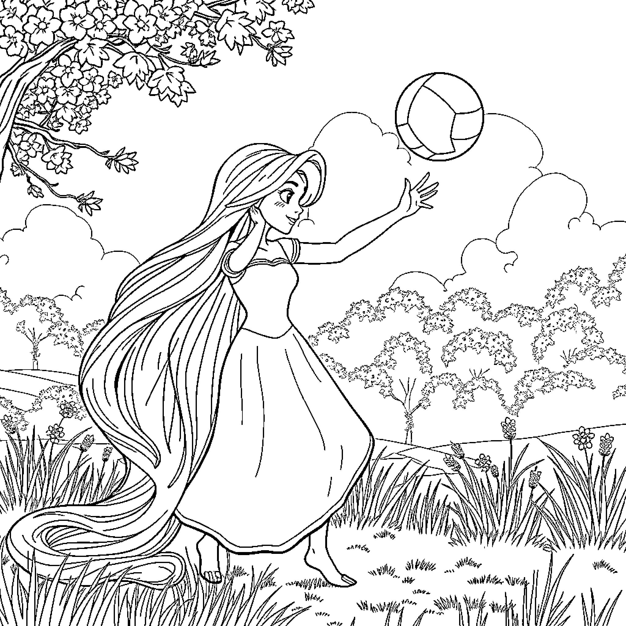 Rapunzel playing with a ball in the enchanted forest Coloring Page (free black-and-white line drawing printable PDF for all, from beginners to advanced learners, including children, teens, adults, and seniors)