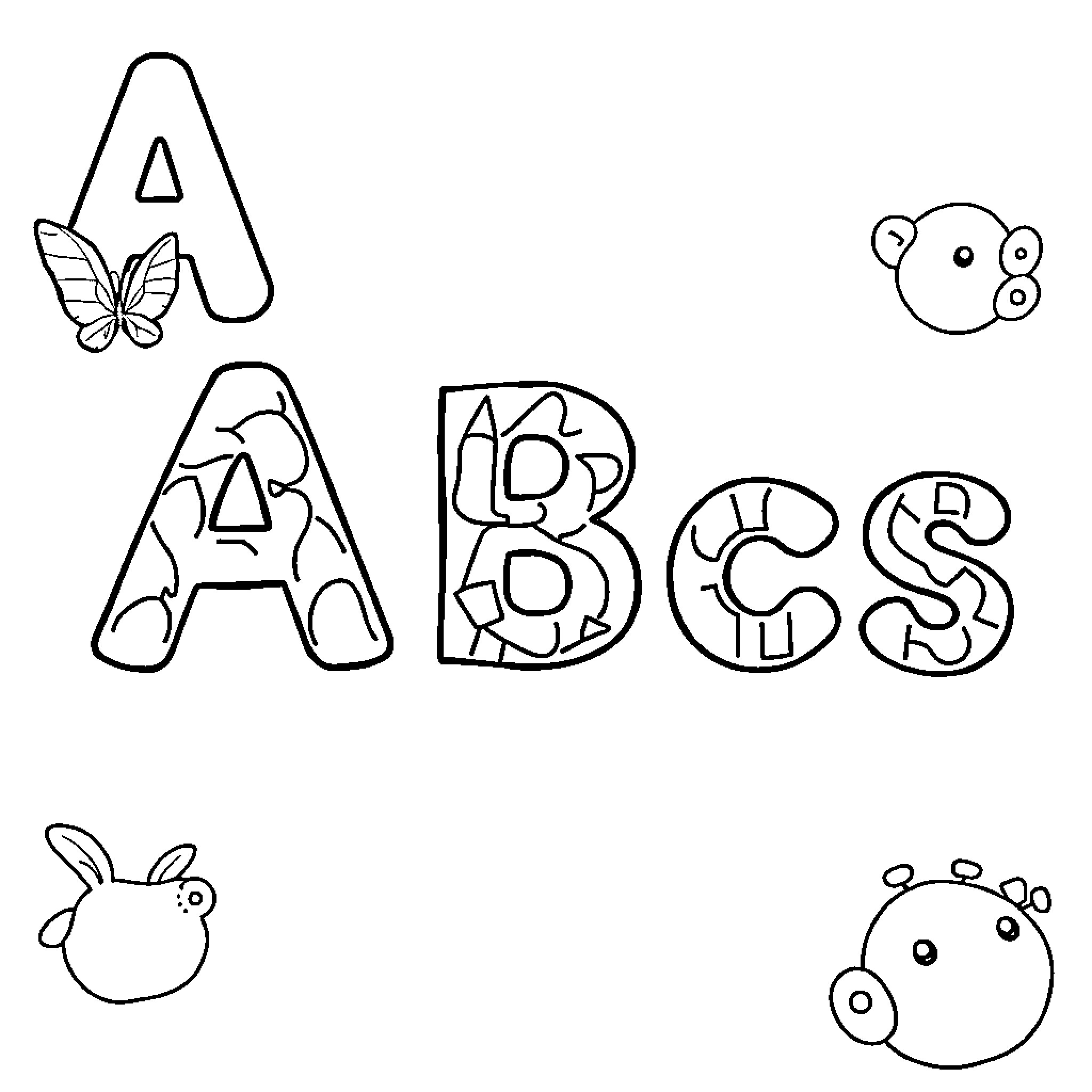 ABC's Artistic Animated Animals Coloring Page (free black-and-white line drawing printable PDF for all, from beginners to advanced learners, including children, teens, adults, and seniors)
