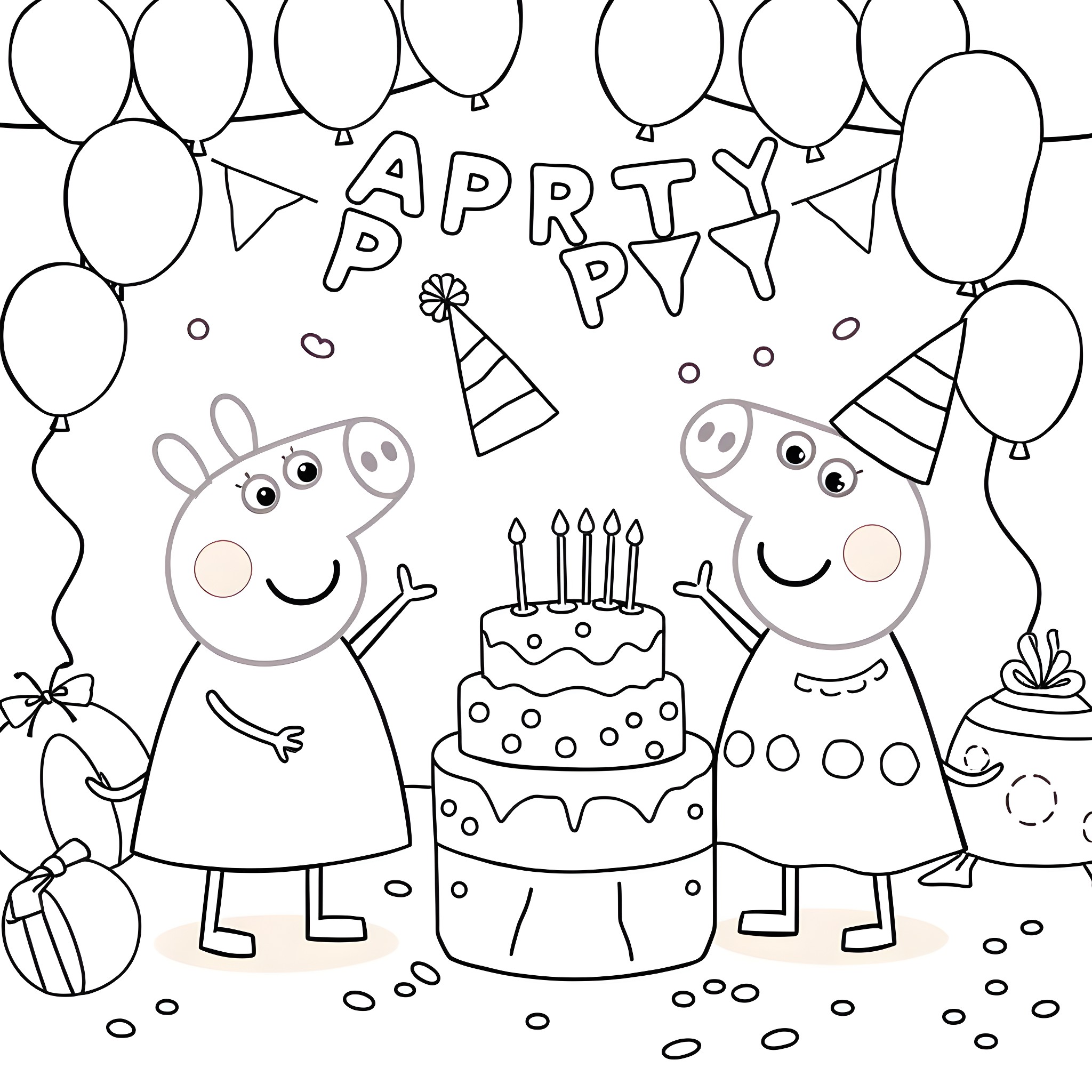 Peppa Pig and friends celebrate a lively party Coloring Page (free black-and-white line drawing printable PDF for all, from beginners to advanced learners, including children, teens, adults, and seniors)