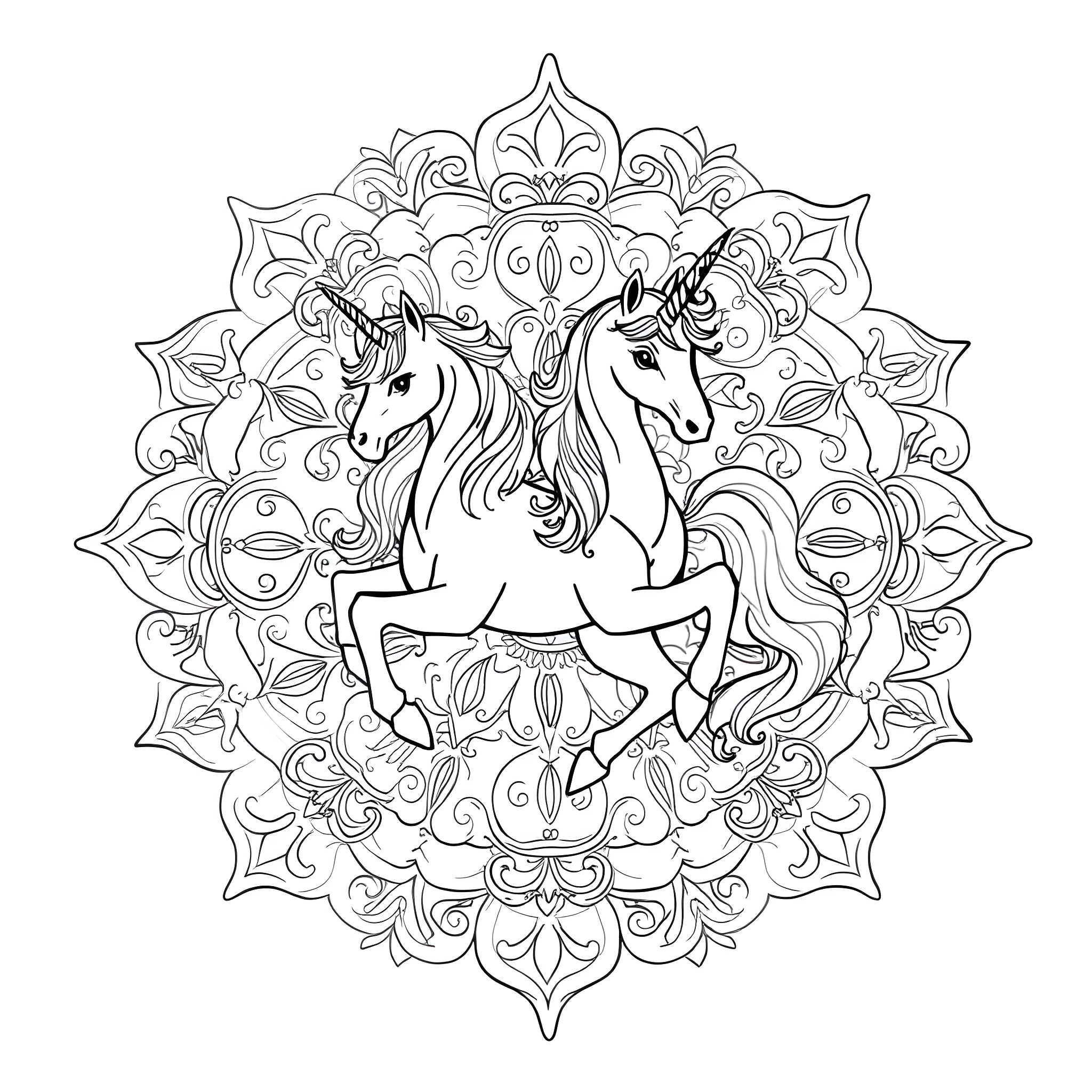 Unicorn pair dancing in ornate mandala Coloring Page (free black-and-white line drawing printable PDF for all, from beginners to advanced learners, including children, teens, adults, and seniors)