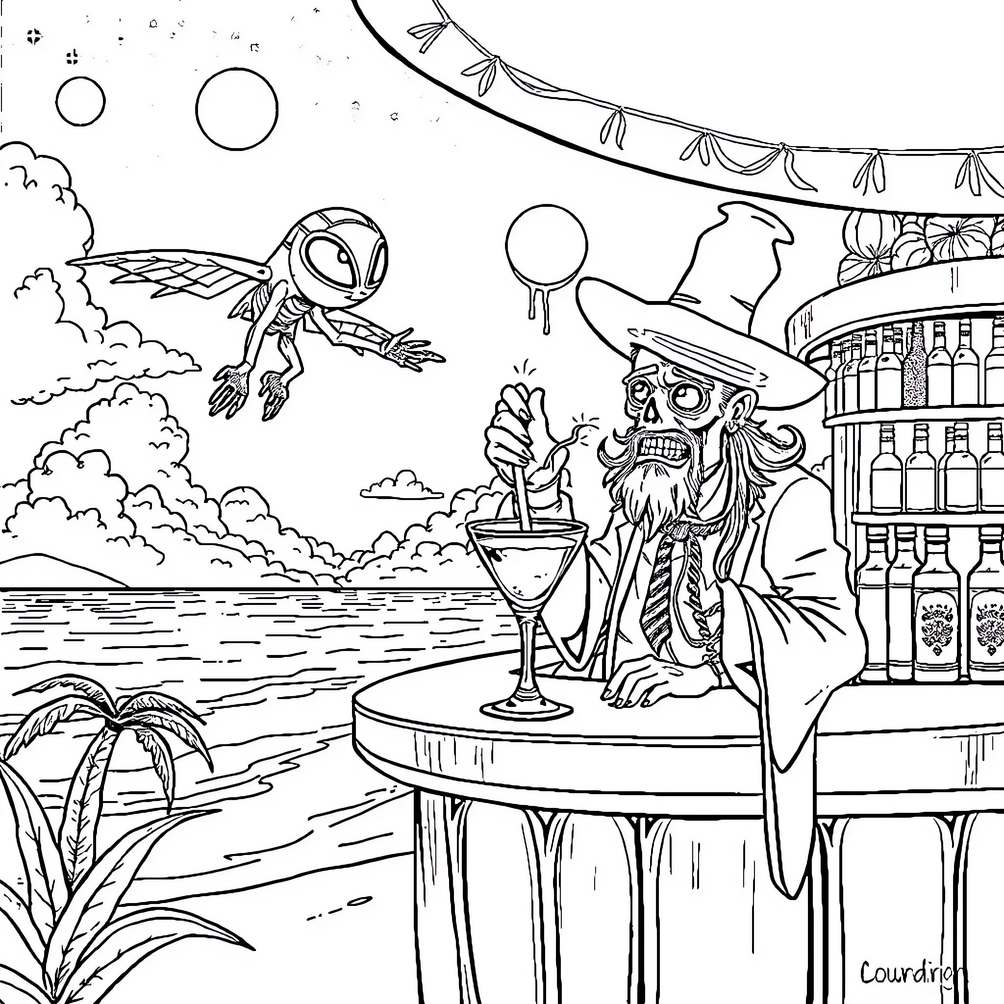 Extraterrestre encounters alien revelers at tropical bar Coloring Page (free black-and-white line drawing printable PDF for all, from beginners to advanced learners, including children, teens, adults, and seniors)