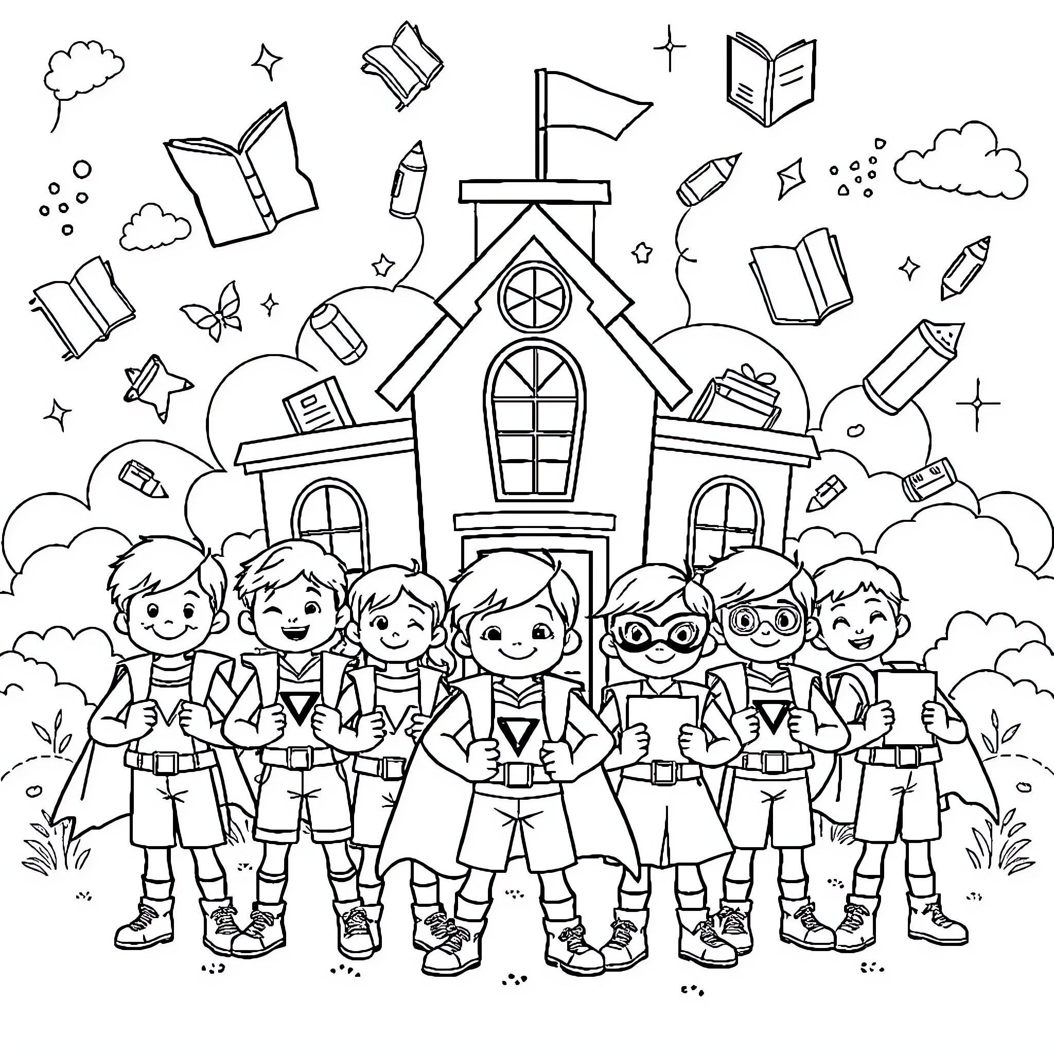 Superhero Kids Playing and Exploring in Magical School Coloring Page (free black-and-white line drawing printable PDF for all, from beginners to advanced learners, including children, teens, adults, and seniors)