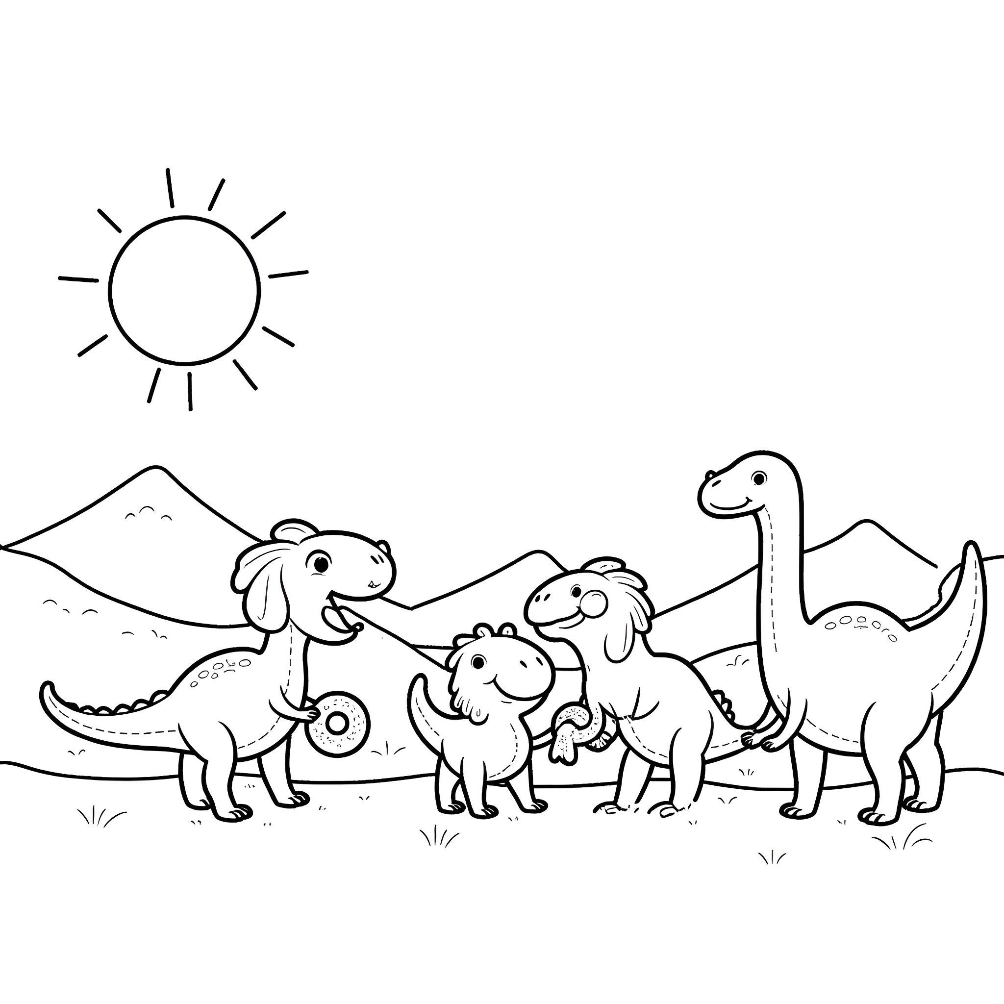Dinosaurs playing together in a scenic landscape Coloring Page (free black-and-white line drawing printable PDF for all, from beginners to advanced learners, including children, teens, adults, and seniors)