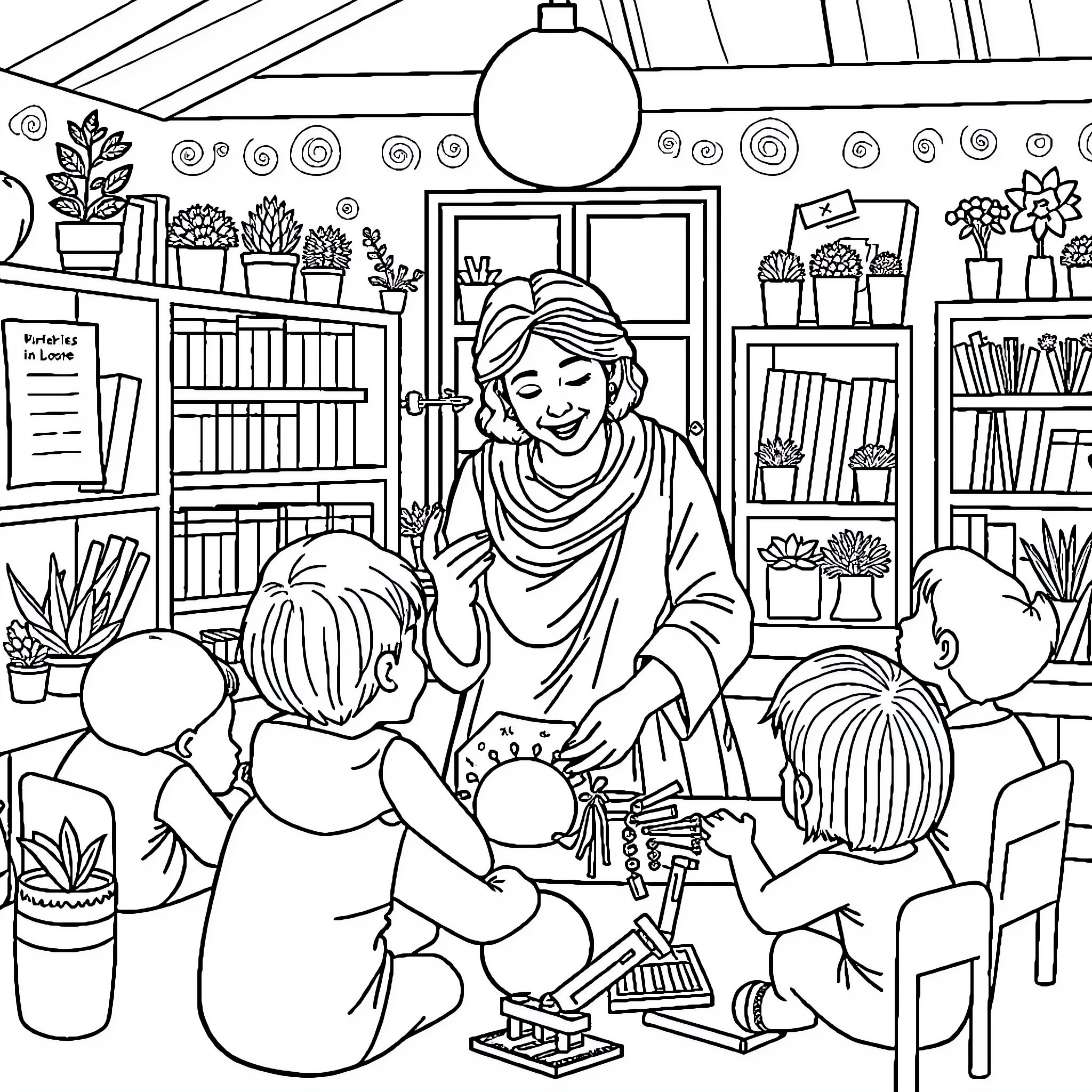Maria Montessori teaching children in her classroom Coloring Page (free black-and-white line drawing printable PDF for all, from beginners to advanced learners, including children, teens, adults, and seniors)
