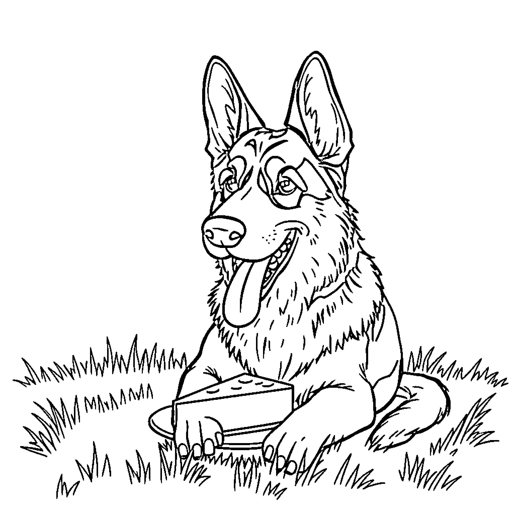 German Shepherd playing with a ball in the park Coloring Page (free black-and-white line drawing printable PDF for all, from beginners to advanced learners, including children, teens, adults, and seniors)