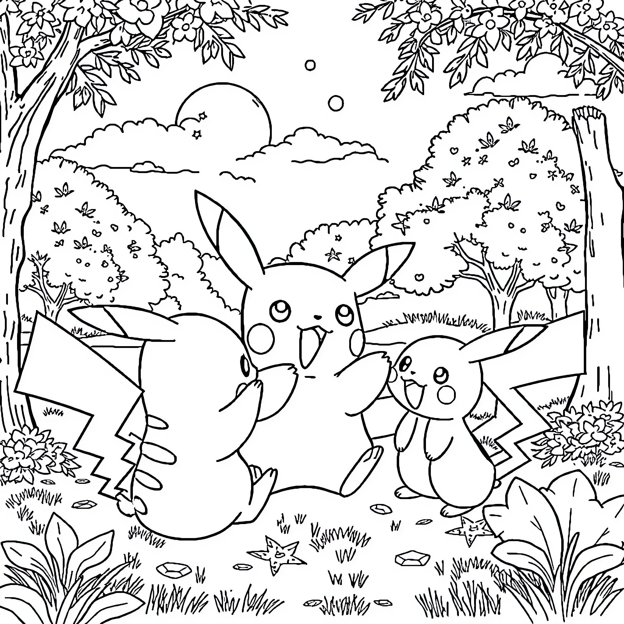 Pikachu and friends playing in a magical forest Coloring Page (free black-and-white line drawing printable PDF for all, from beginners to advanced learners, including children, teens, adults, and seniors)