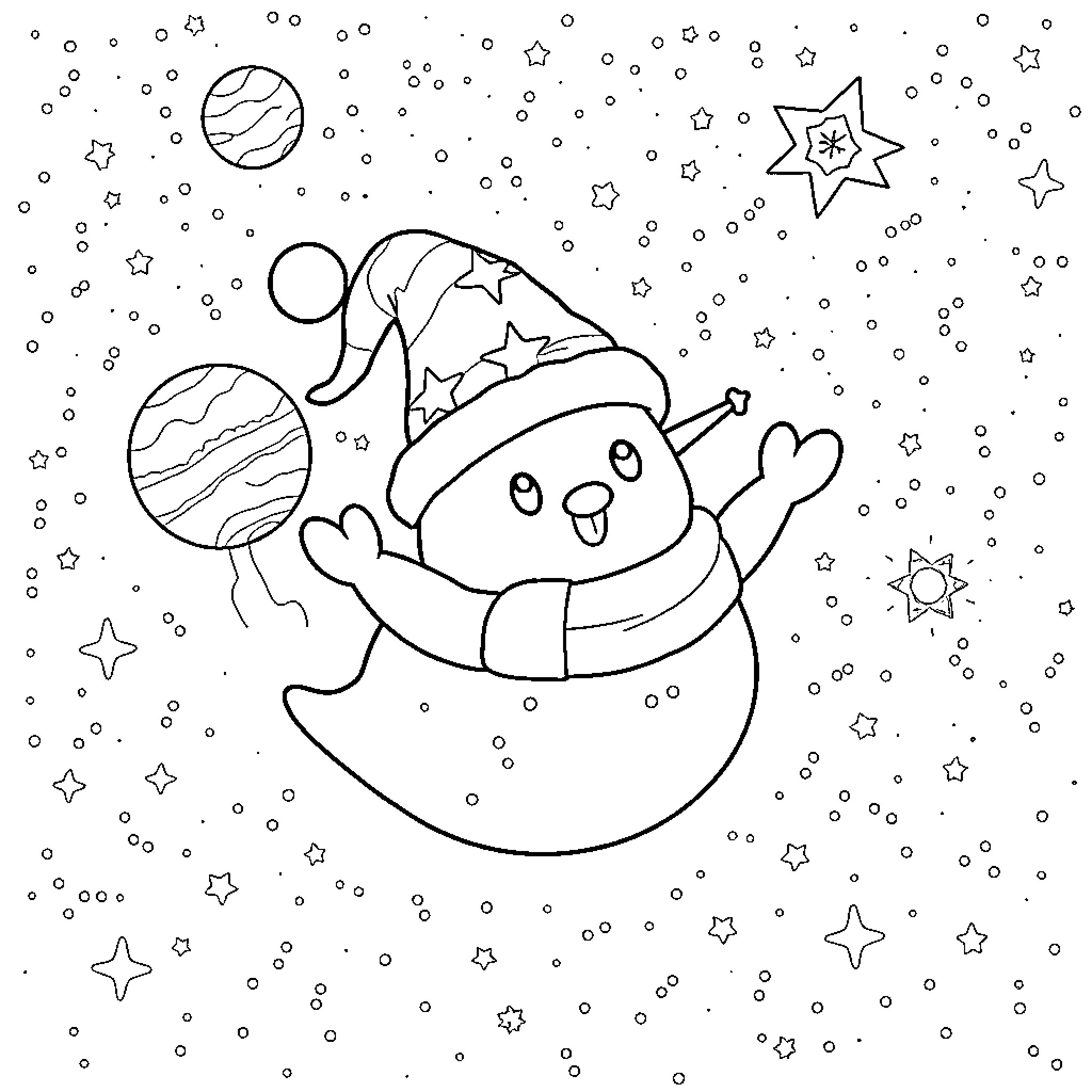 Choclo playing with stars in the galaxy Coloring Page (free black-and-white line drawing printable PDF for all, from beginners to advanced learners, including children, teens, adults, and seniors)