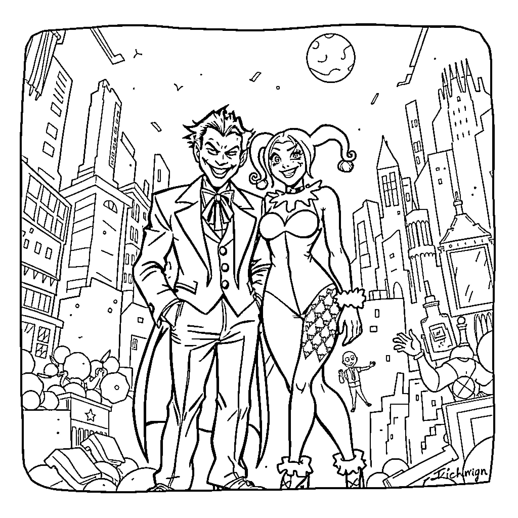 Joker and Harley Quinn in the City Coloring Page (free black-and-white line drawing printable PDF for all, from beginners to advanced learners, including children, teens, adults, and seniors)