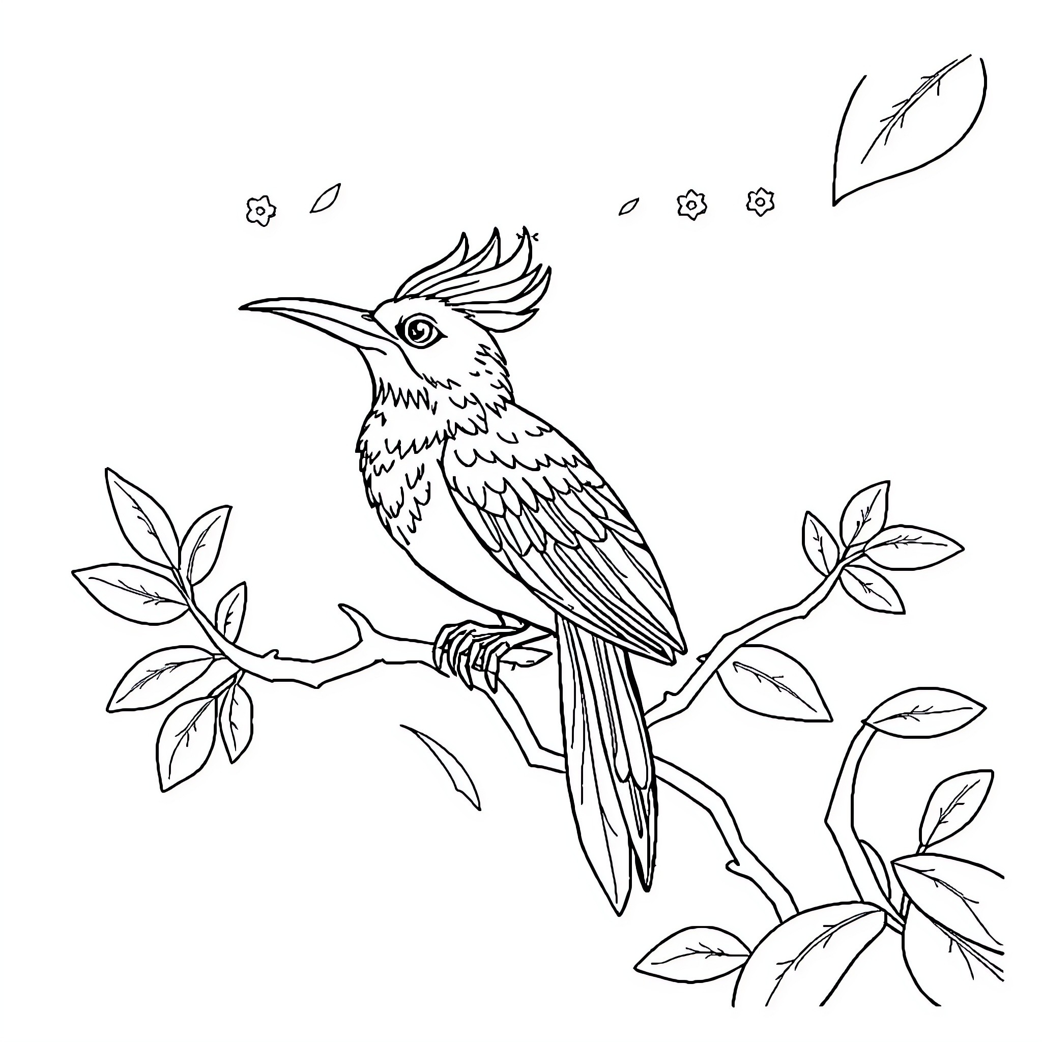 Ibong Adarna perched on a branch surrounded by nature Coloring Page (free black-and-white line drawing printable PDF for all, from beginners to advanced learners, including children, teens, adults, and seniors)