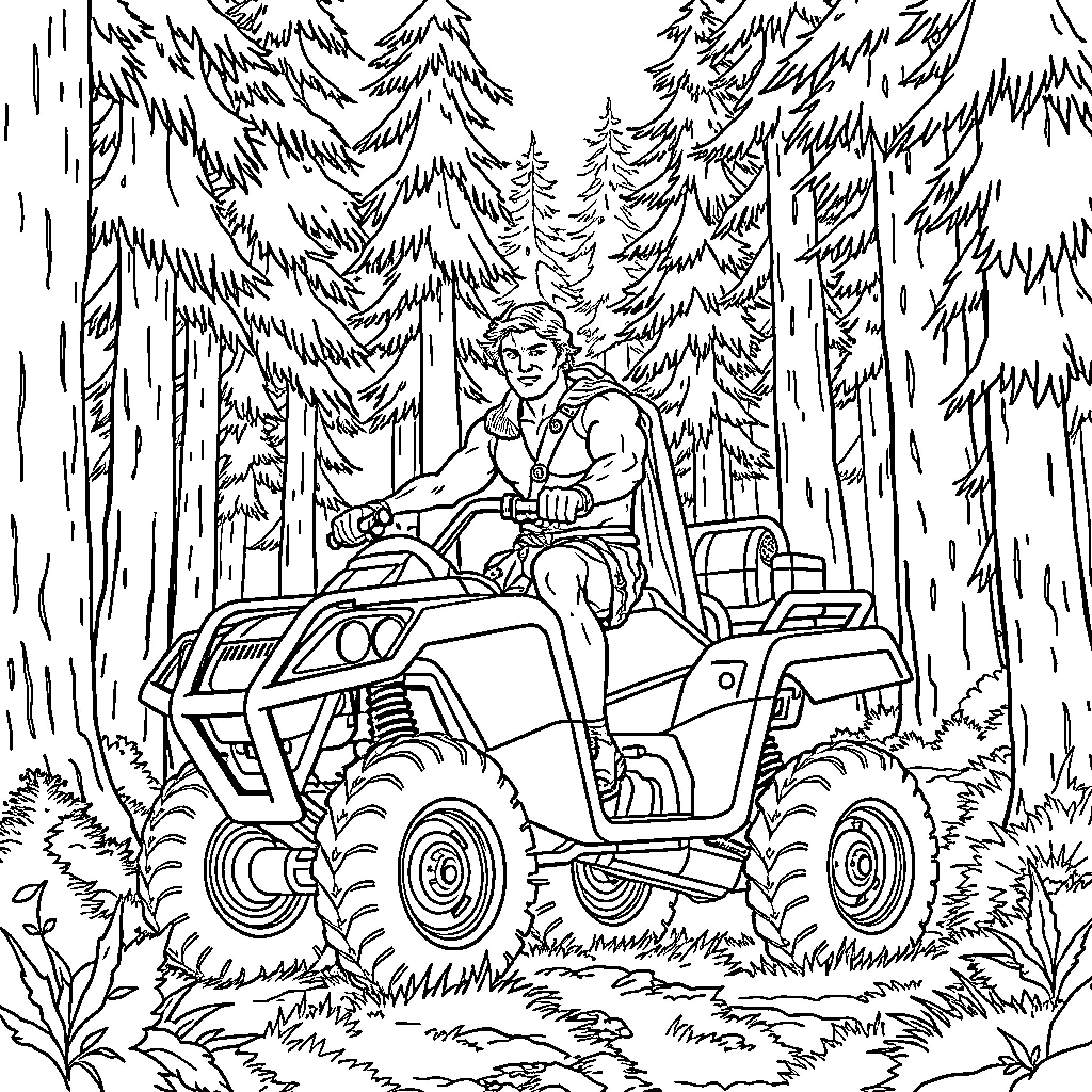 Hercules Riding a Powerful All-Terrain Vehicle in the Forest Coloring Page (free black-and-white line drawing printable PDF for all, from beginners to advanced learners, including children, teens, adults, and seniors)