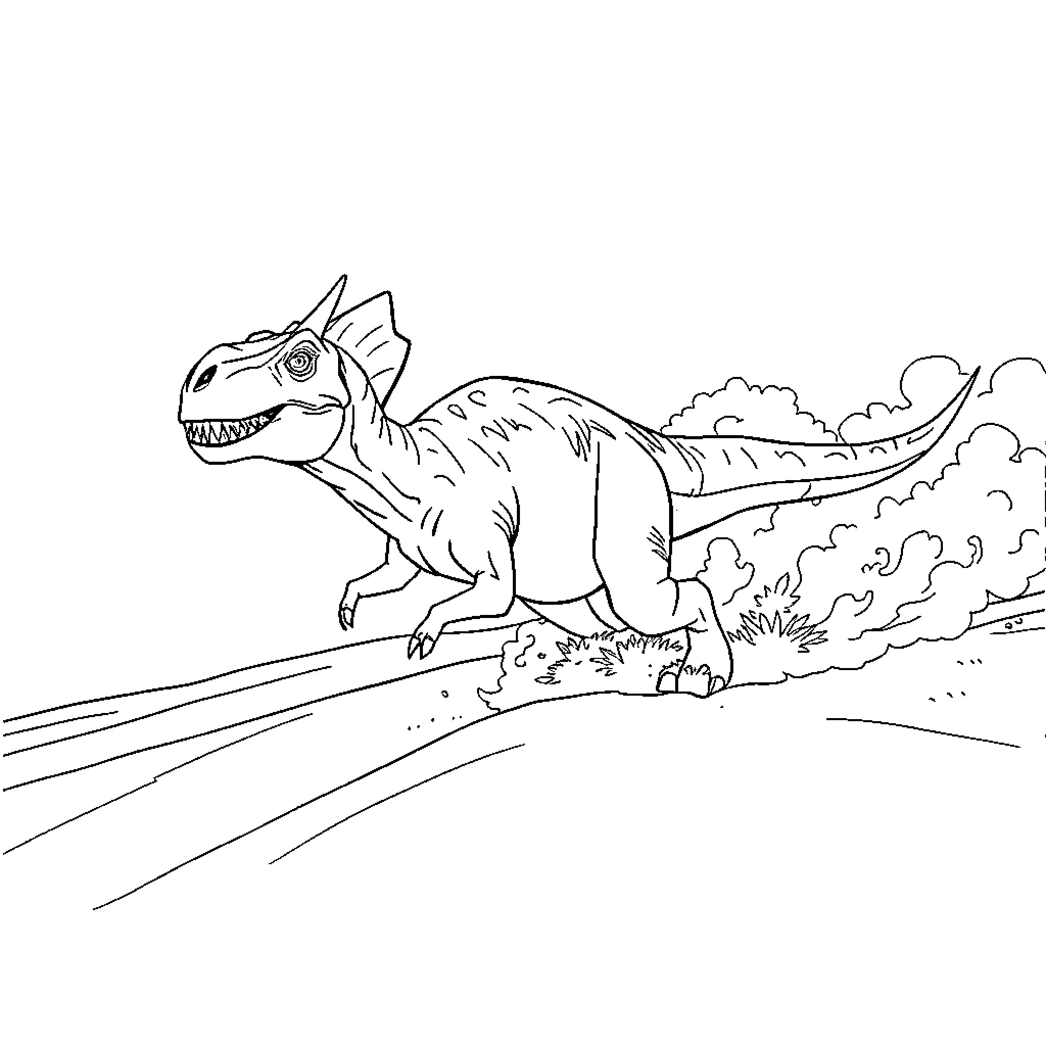 Carnotaurus chasing prey across the landscape Coloring Page (free black-and-white line drawing printable PDF for all, from beginners to advanced learners, including children, teens, adults, and seniors)