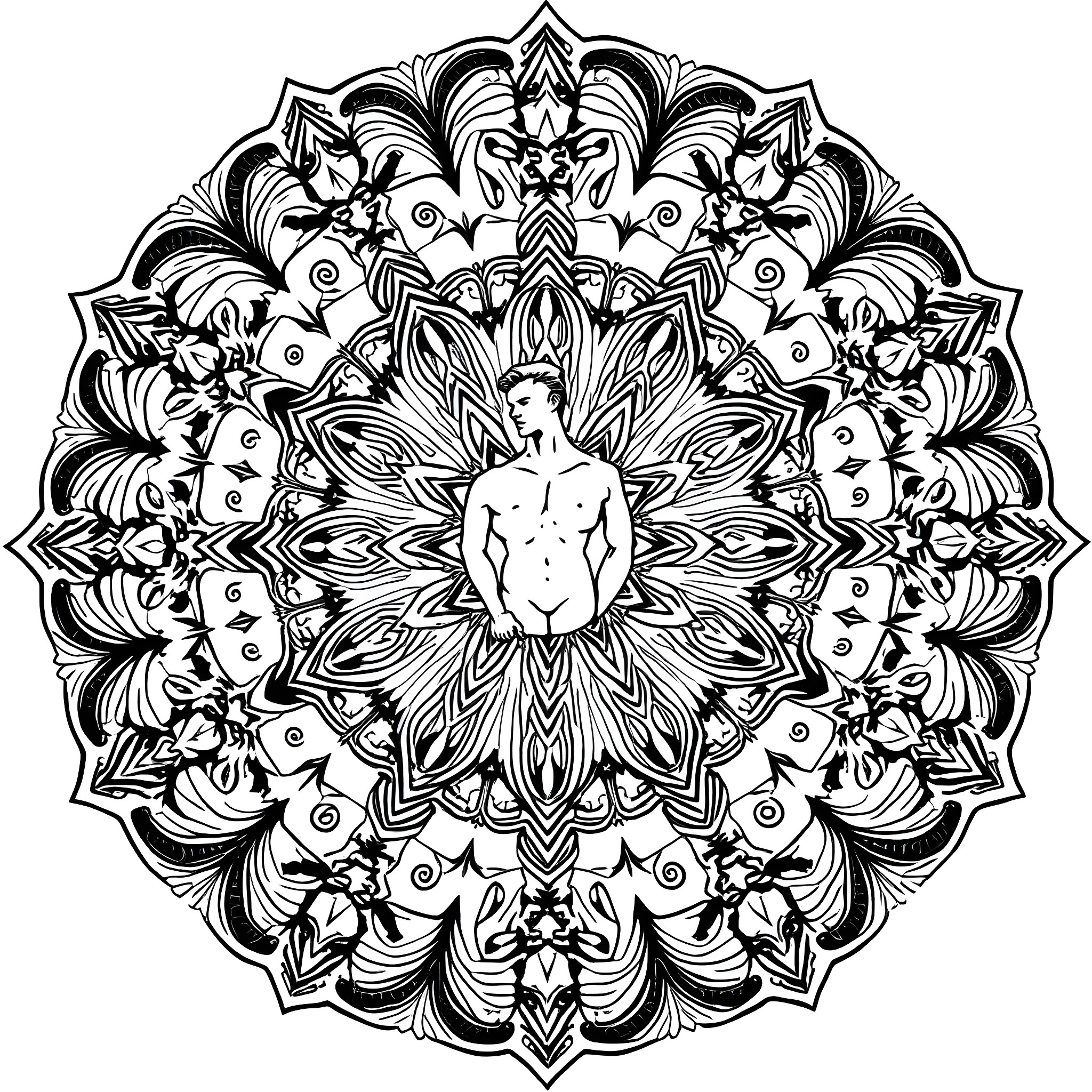 Mandala with intricate floral patterns and a central human figure Coloring Page (free black-and-white line drawing printable PDF for all, from beginners to advanced learners, including children, teens, adults, and seniors)