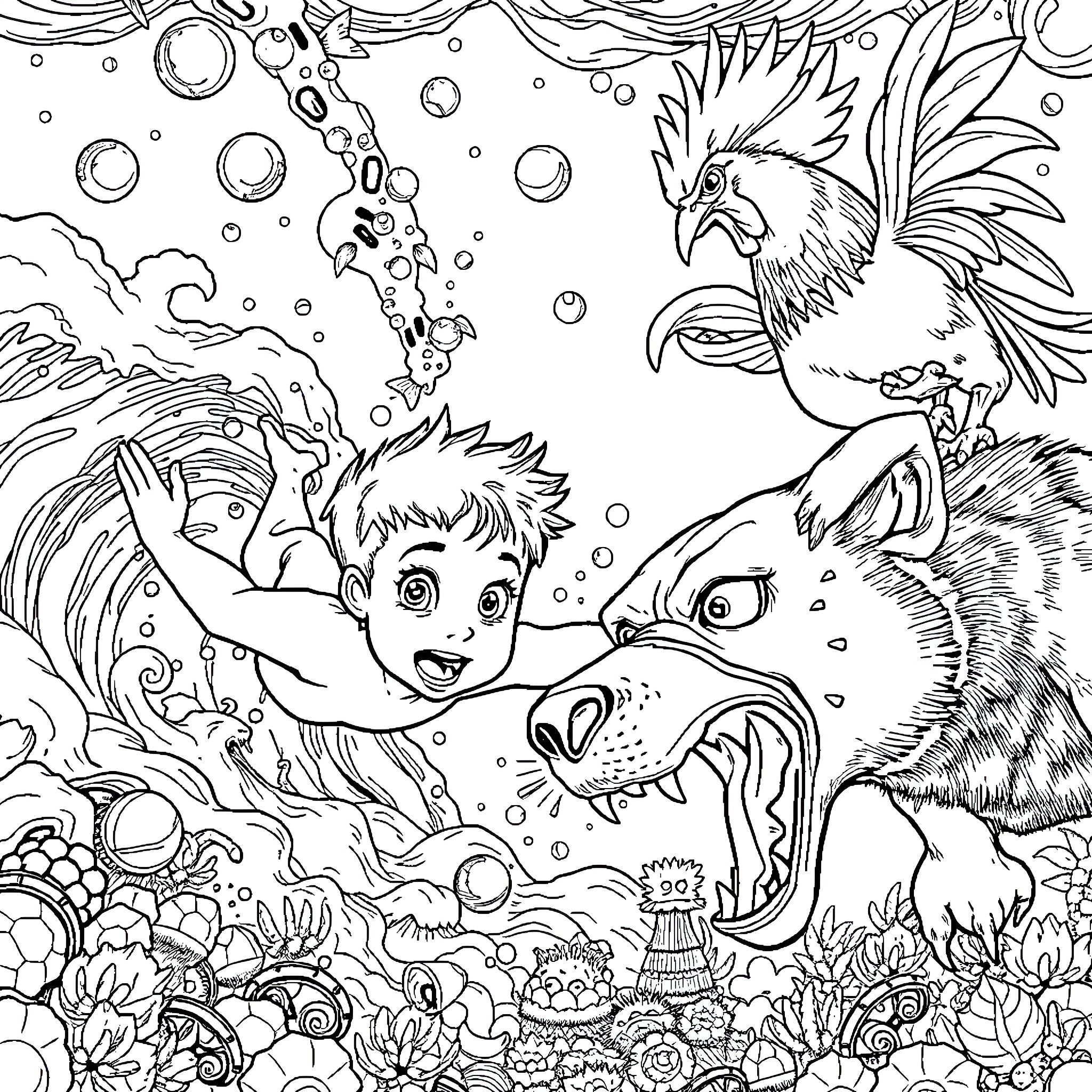 Boy swimming with curious sea creatures Coloring Page (free black-and-white line drawing printable PDF for all, from beginners to advanced learners, including children, teens, adults, and seniors)