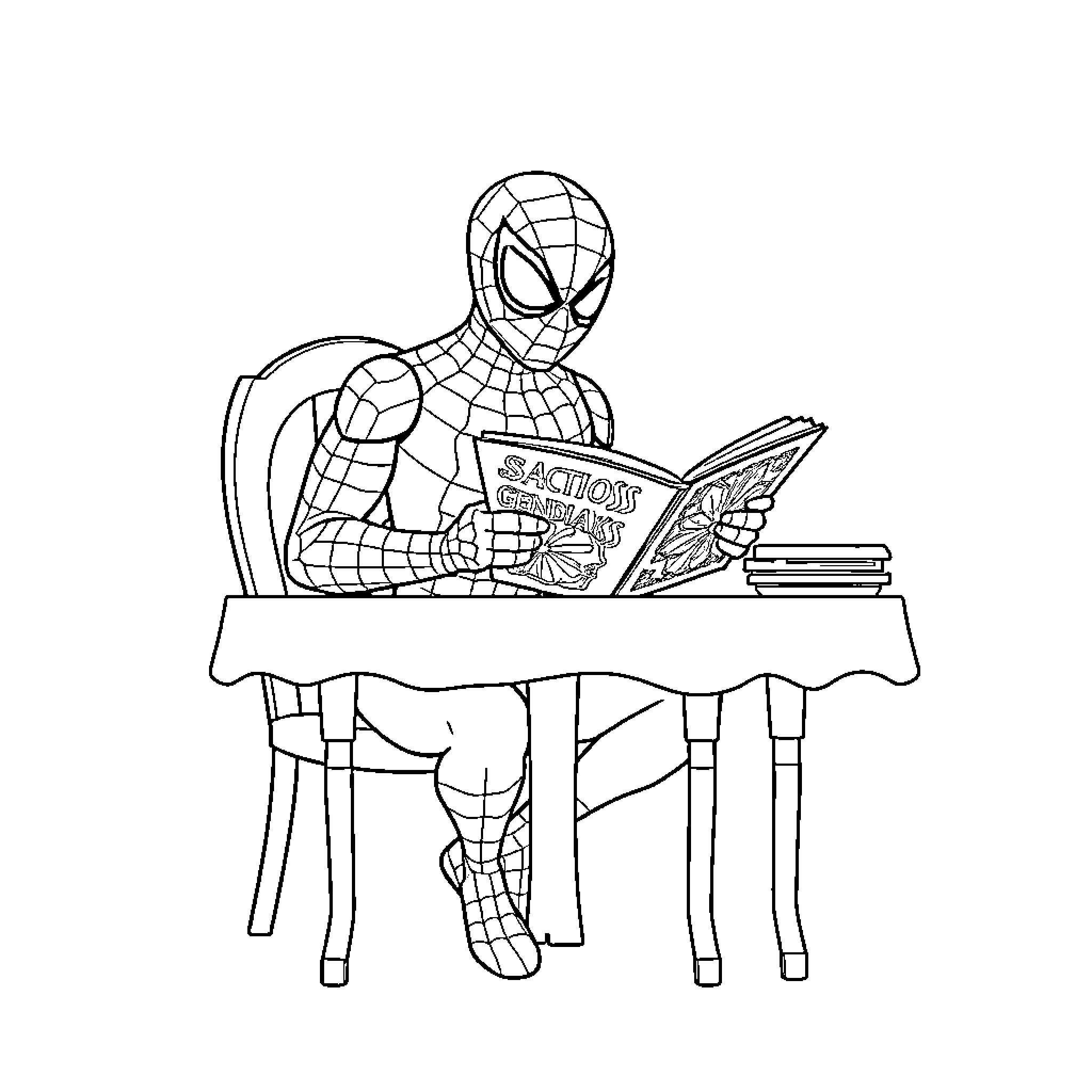 Spider-Man studying intently at his desk Coloring Page (free black-and-white line drawing printable PDF for all, from beginners to advanced learners, including children, teens, adults, and seniors)