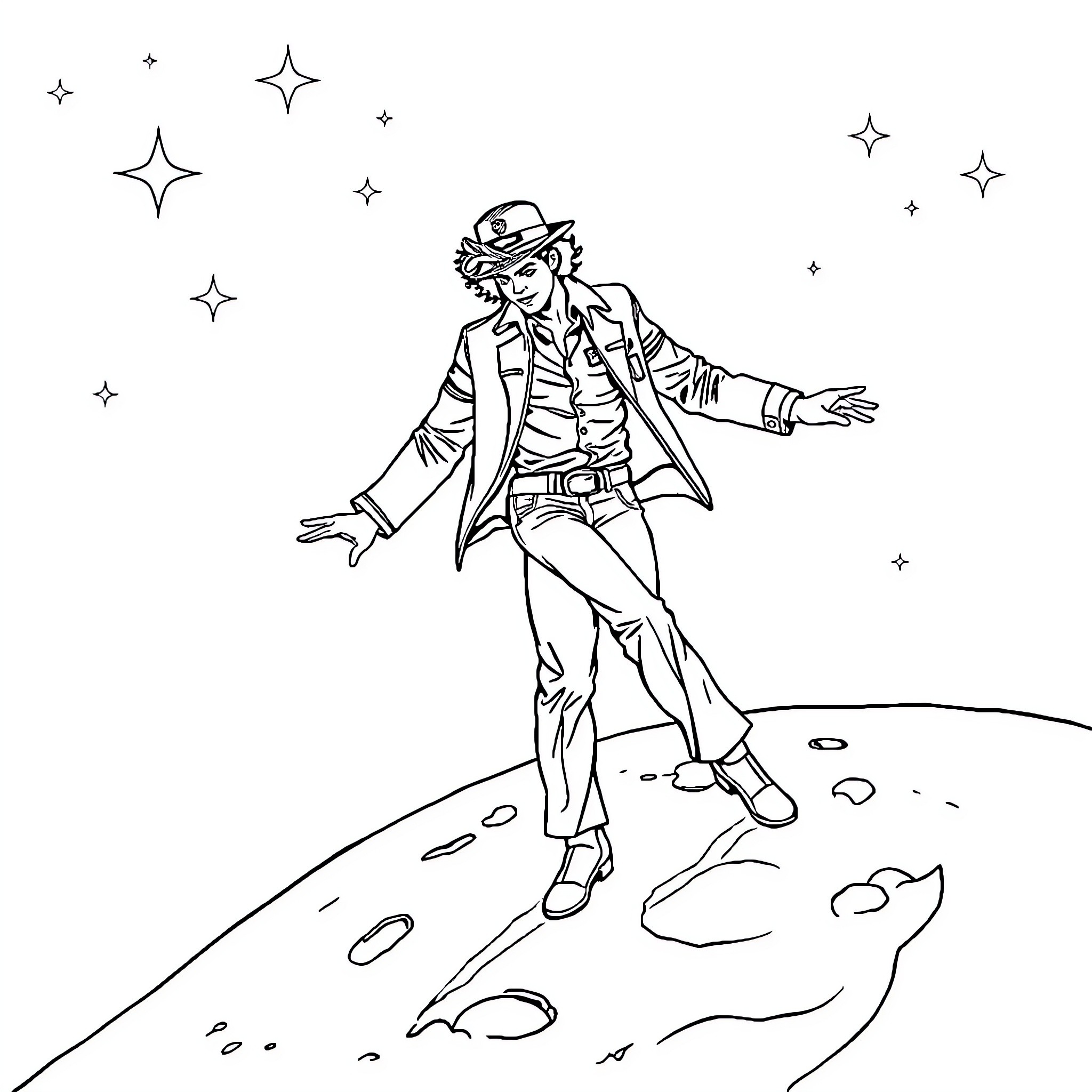 Michael Jackson performing on stage with iconic look Coloring Page (free black-and-white line drawing printable PDF for all, from beginners to advanced learners, including children, teens, adults, and seniors)