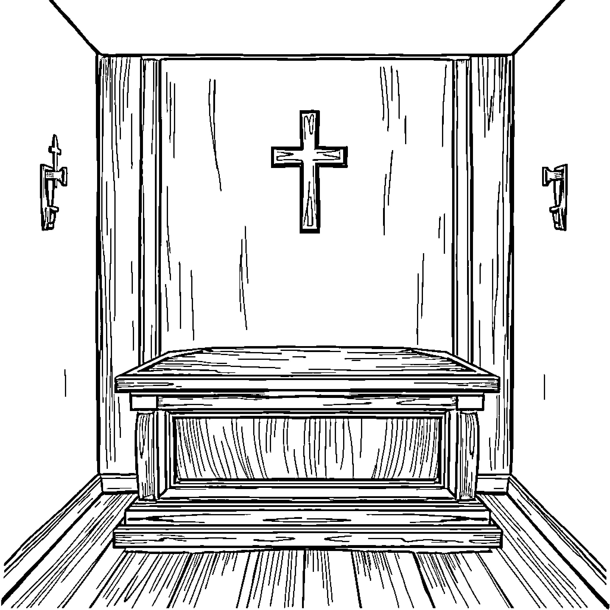Coffin in the Somber Funeral Setting Coloring Page (free black-and-white line drawing printable PDF for all, from beginners to advanced learners, including children, teens, adults, and seniors)