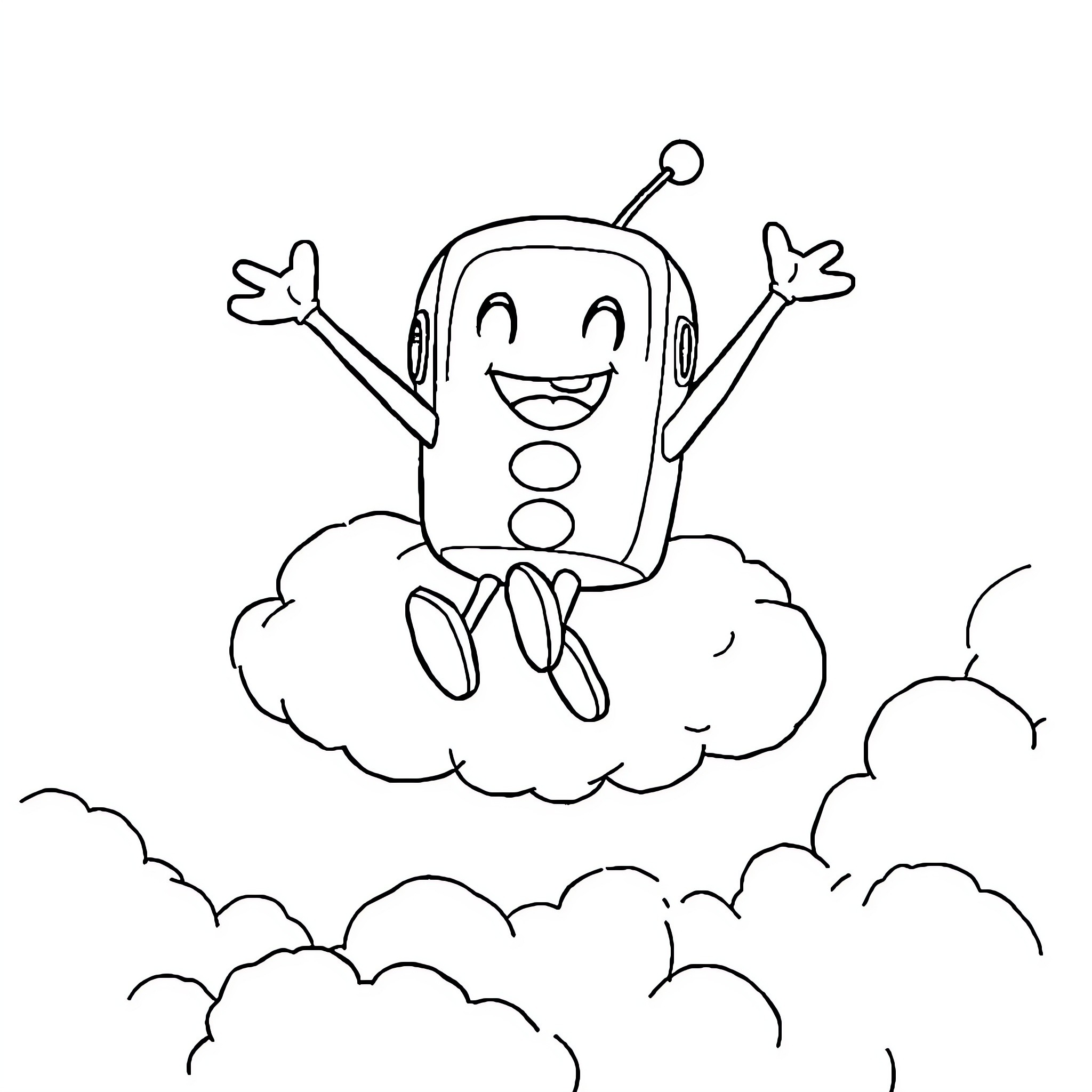 Matabot enjoying a fun cloud ride Coloring Page (free black-and-white line drawing printable PDF for all, from beginners to advanced learners, including children, teens, adults, and seniors)