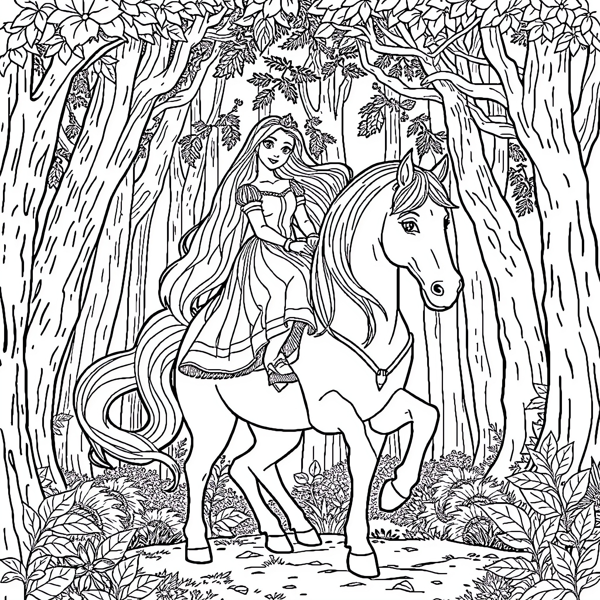 Princess Riding a Majestic Horse Through the Enchanted Forest Coloring Page (free black-and-white line drawing printable PDF for all, from beginners to advanced learners, including children, teens, adults, and seniors)