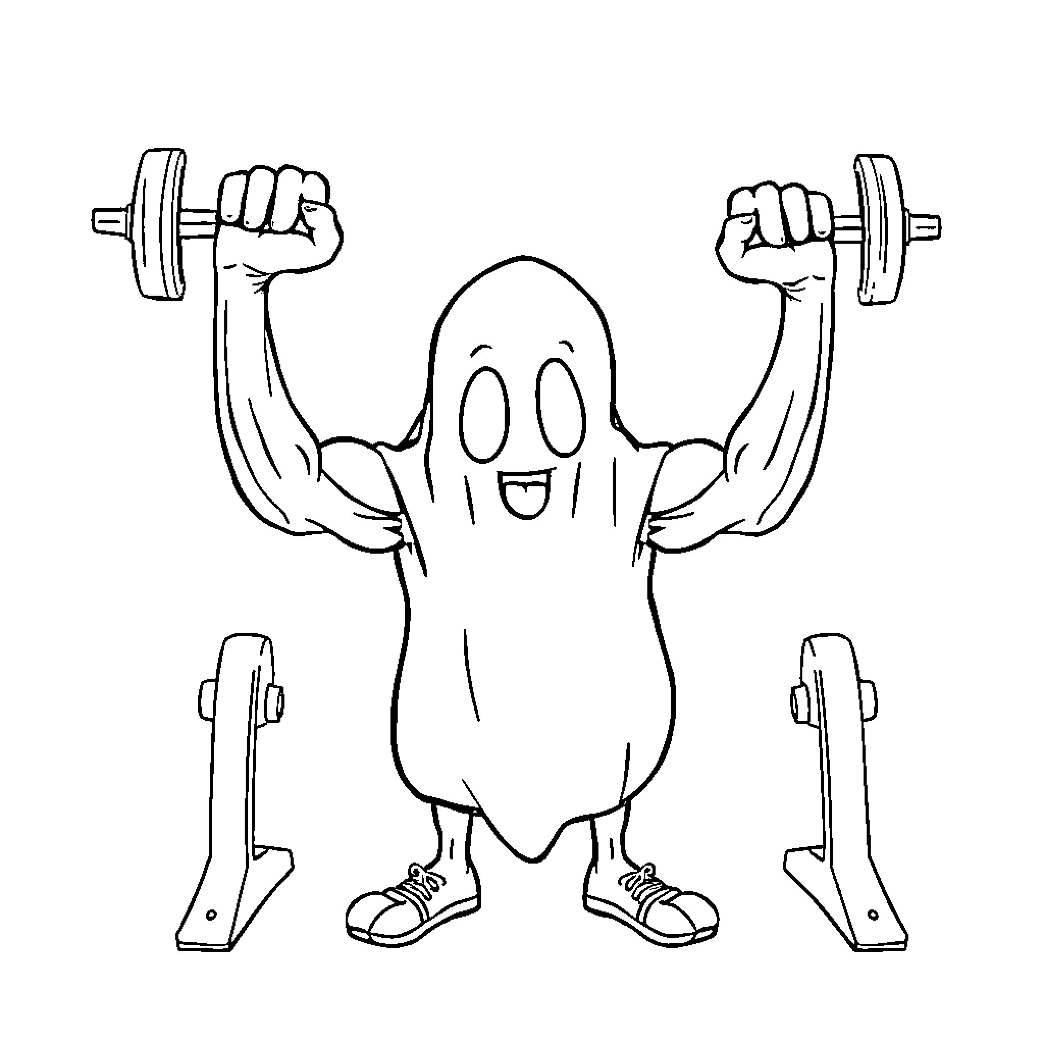 Ghost lifting weights with a happy expression Coloring Page (free black-and-white line drawing printable PDF for all, from beginners to advanced learners, including children, teens, adults, and seniors)