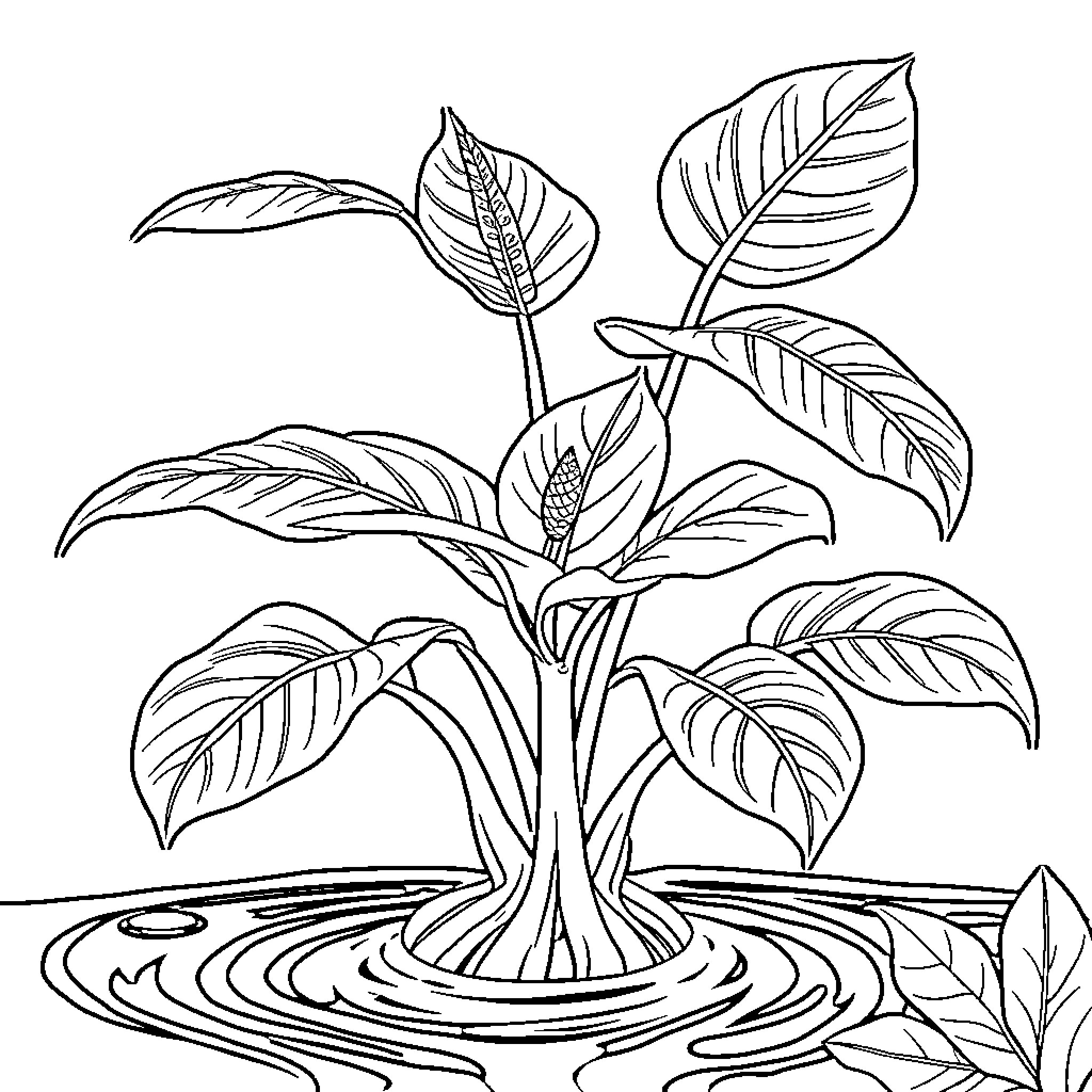 Monstera plant growing amidst gentle water ripples Coloring Page (free black-and-white line drawing printable PDF for all, from beginners to advanced learners, including children, teens, adults, and seniors)