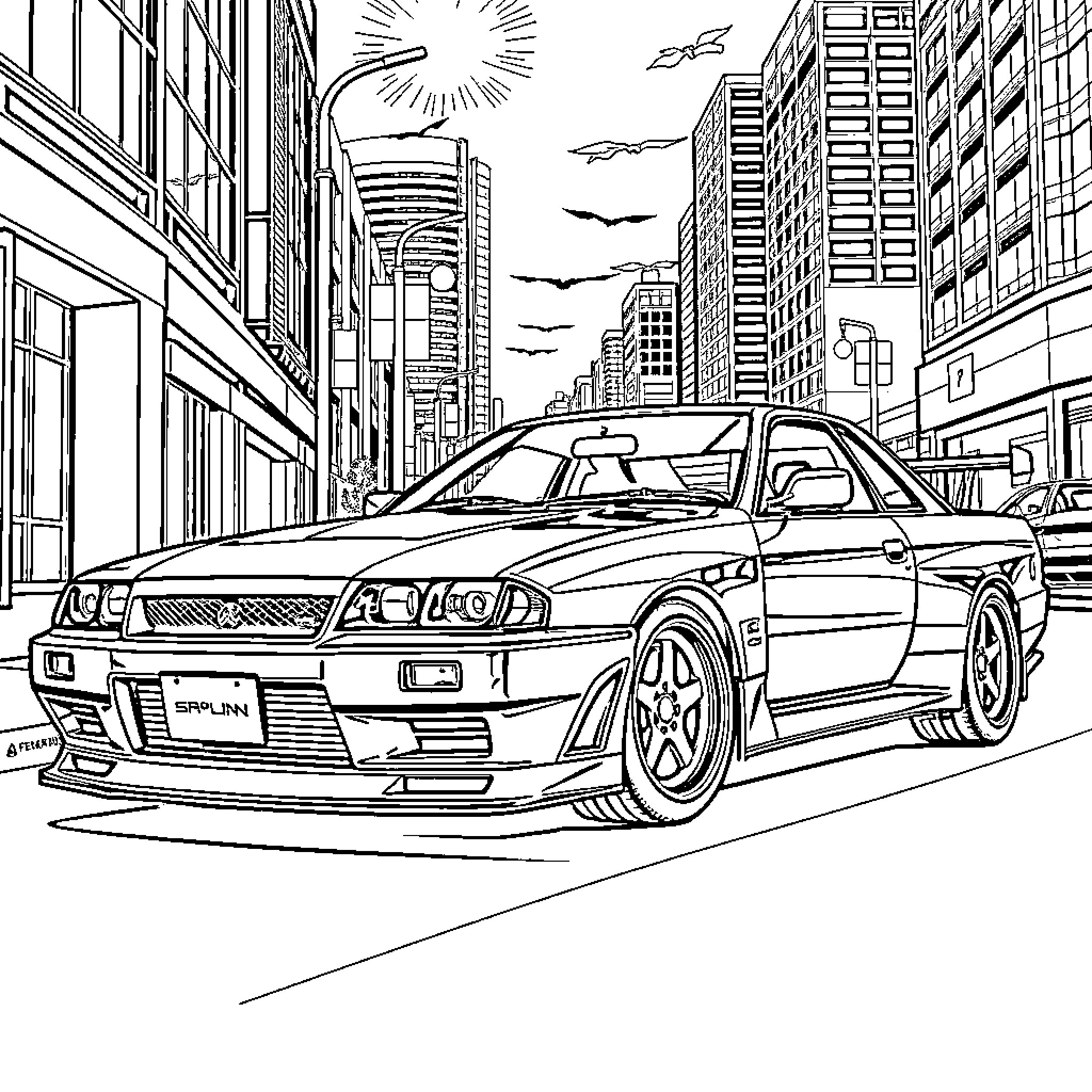 Skyline with sports car in urban city scene Coloring Page (free black-and-white line drawing printable PDF for all, from beginners to advanced learners, including children, teens, adults, and seniors)