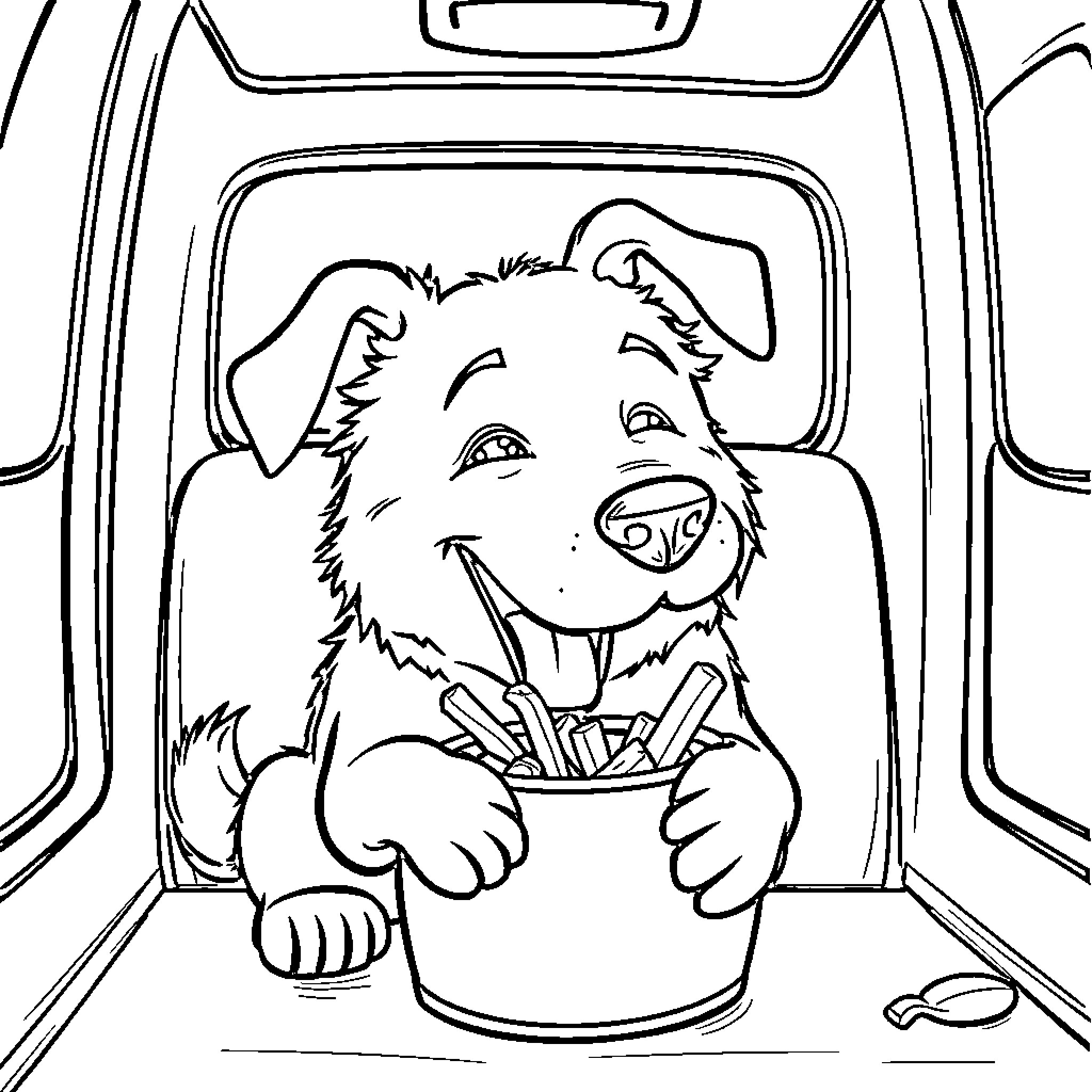 Dog riding happily in the car Coloring Page (free black-and-white line drawing printable PDF for all, from beginners to advanced learners, including children, teens, adults, and seniors)