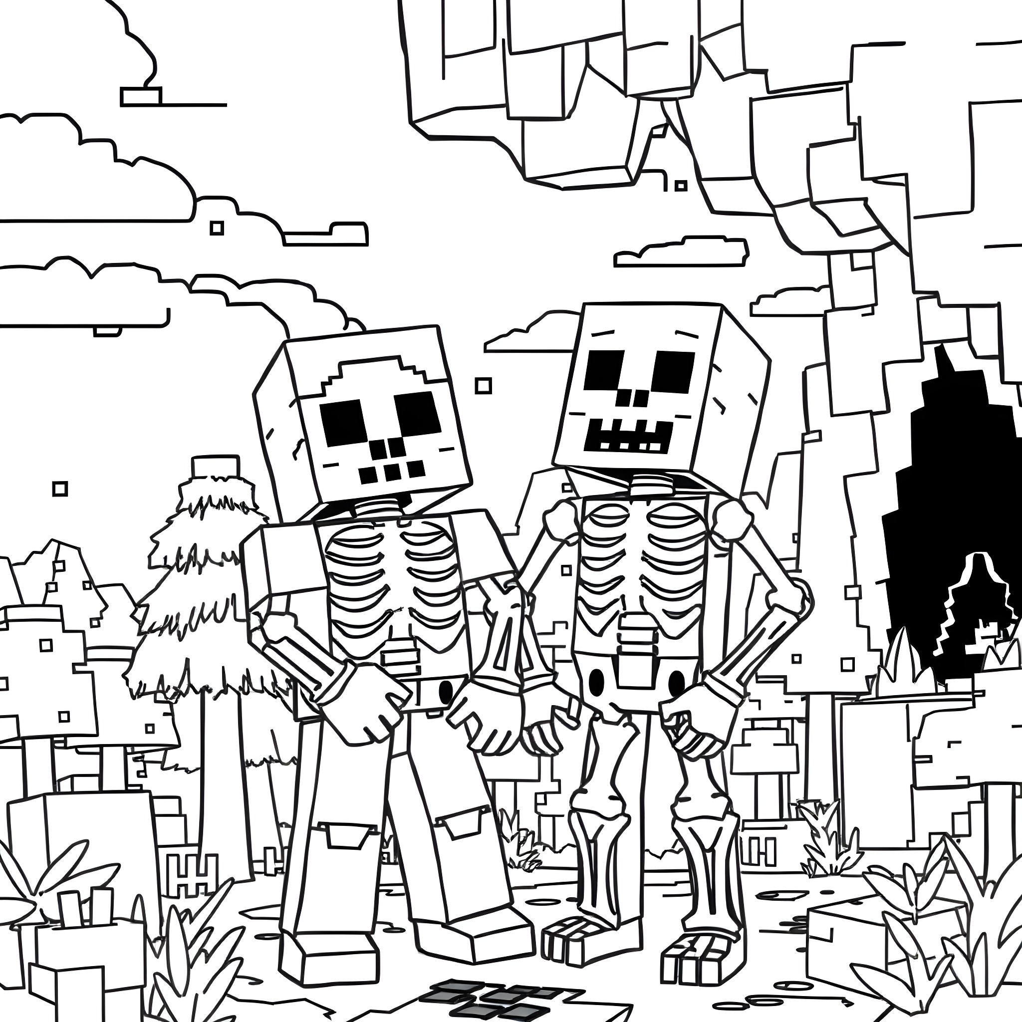 Skeleton Figures Exploring Surreal Landscape Coloring Page (free black-and-white line drawing printable PDF for all, from beginners to advanced learners, including children, teens, adults, and seniors)