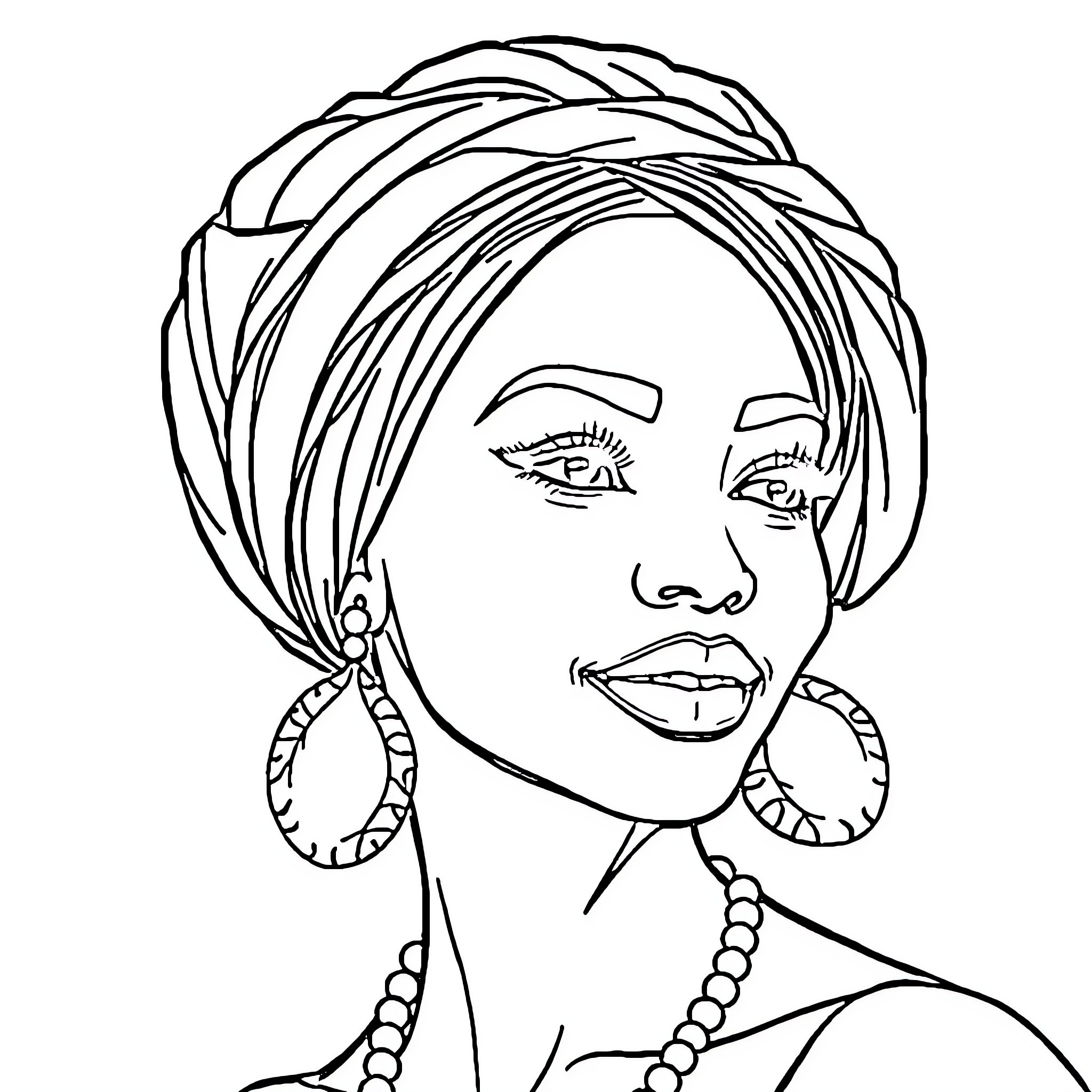 Woman with ornate hairstyle and jewelry Coloring Page (free black-and-white line drawing printable PDF for all, from beginners to advanced learners, including children, teens, adults, and seniors)