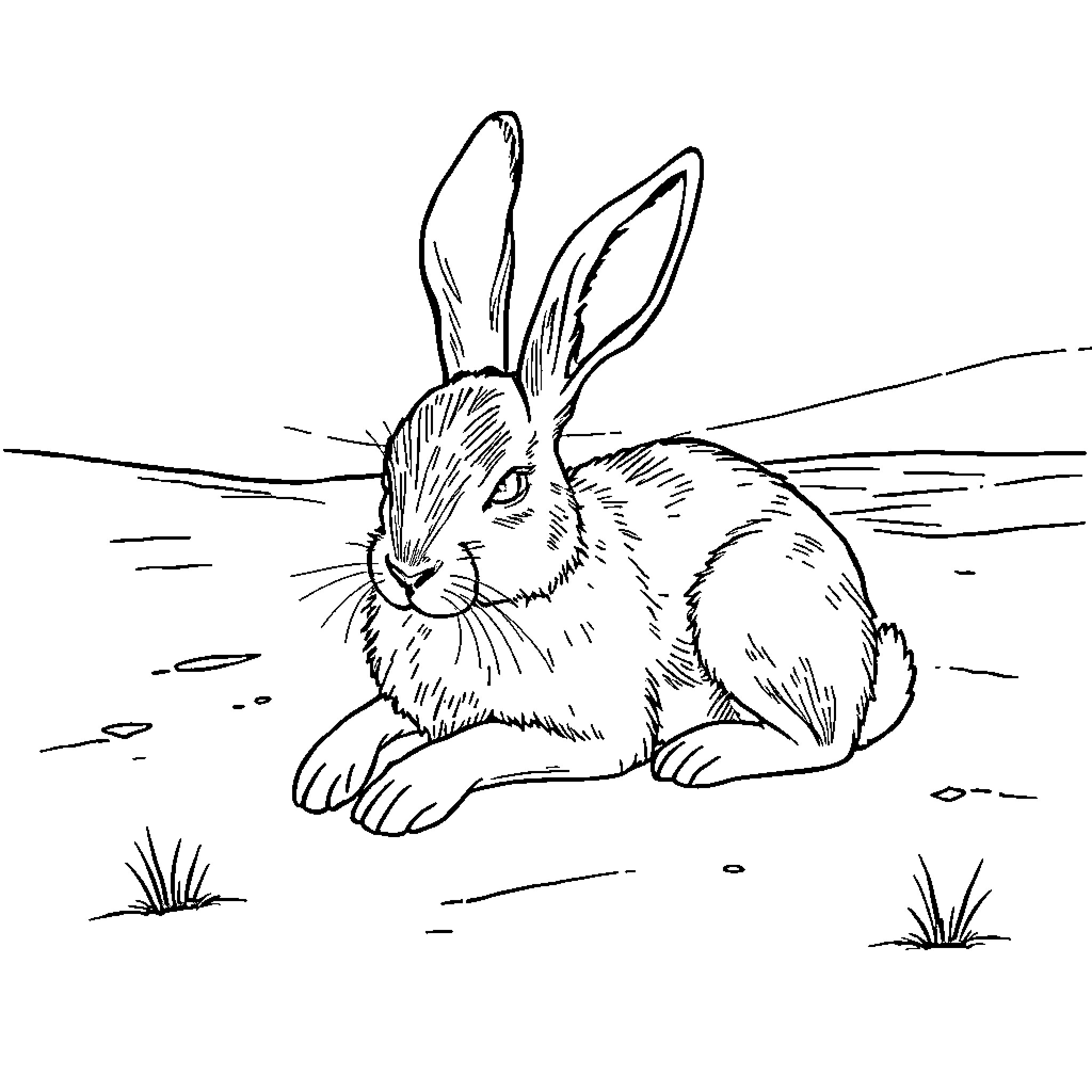 Hare resting in the field Coloring Page (free black-and-white line drawing printable PDF for all, from beginners to advanced learners, including children, teens, adults, and seniors)