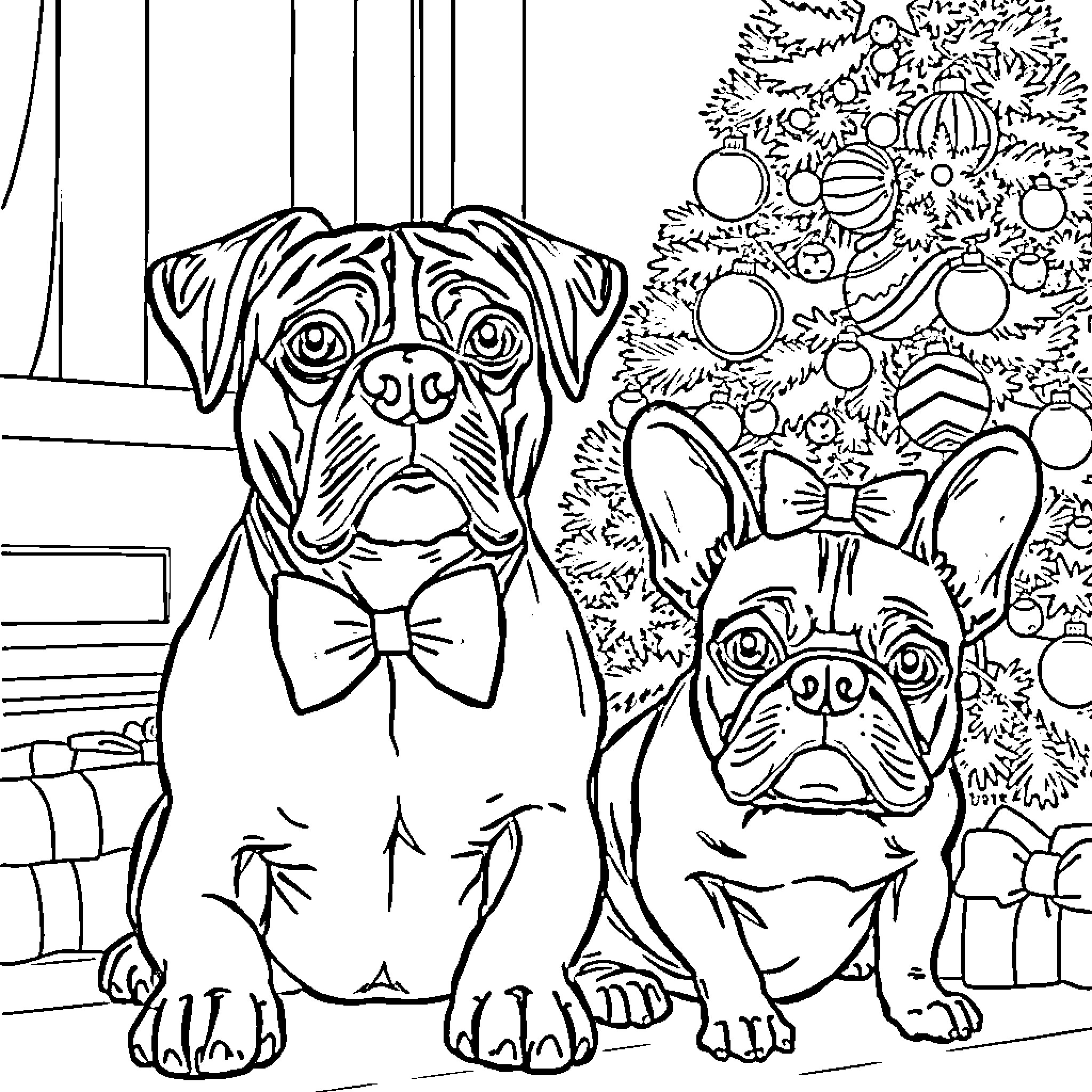 Dog duo enjoying Christmas decor Coloring Page (free black-and-white line drawing printable PDF for all, from beginners to advanced learners, including children, teens, adults, and seniors)