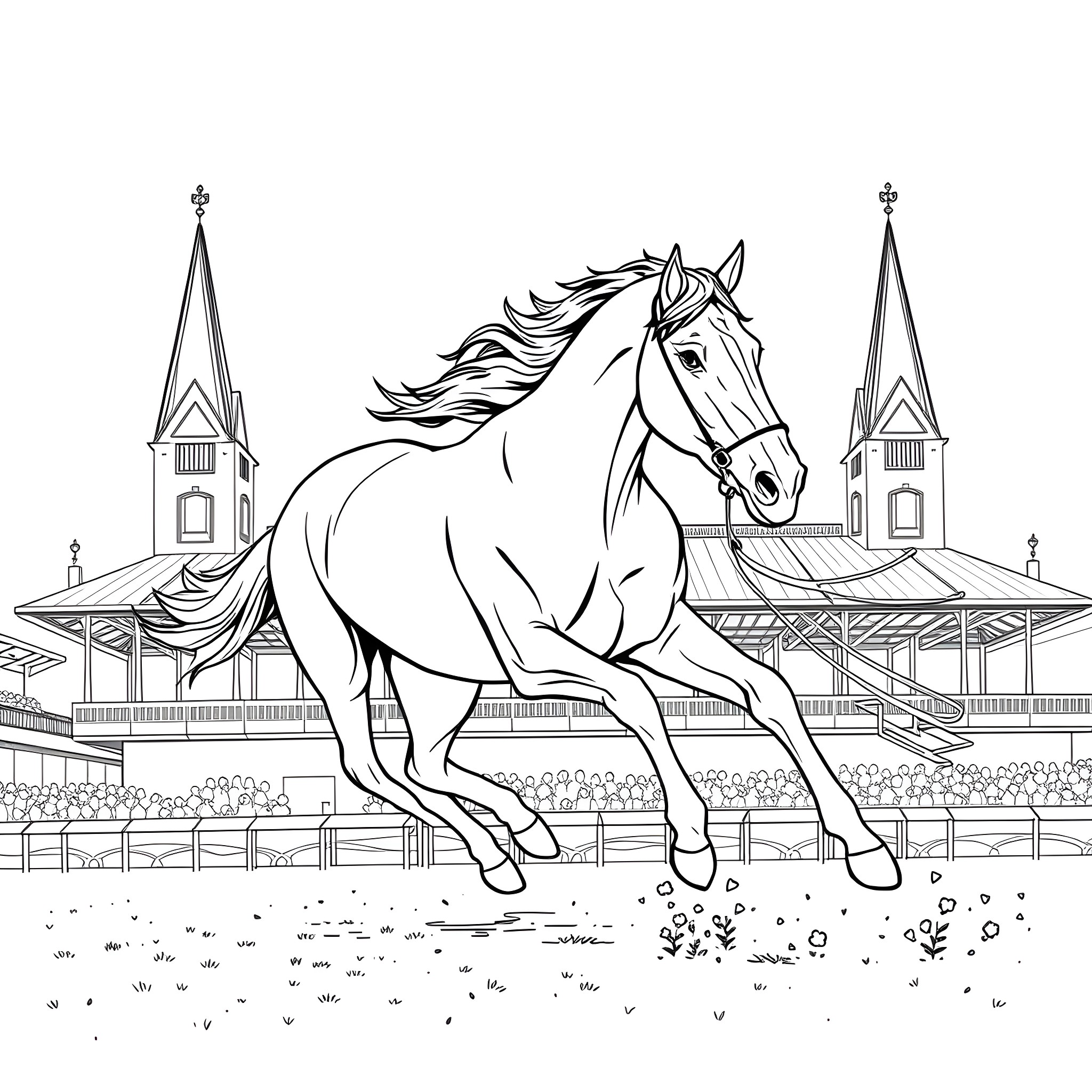Horse racing on a track with church spires Coloring Page (free black-and-white line drawing printable PDF for all, from beginners to advanced learners, including children, teens, adults, and seniors)