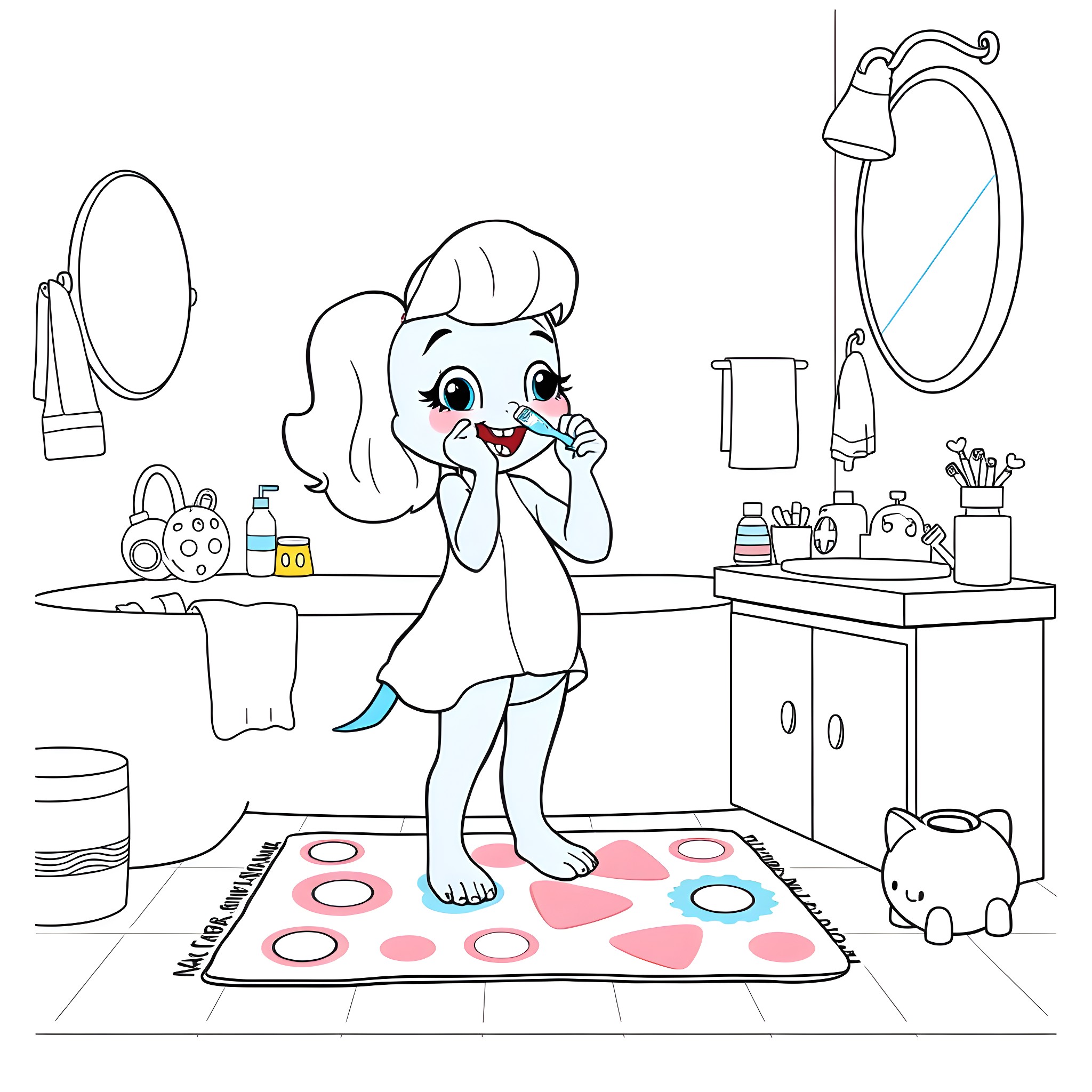 Bluey brushing her teeth in the bathroom Coloring Page (free black-and-white line drawing printable PDF for all, from beginners to advanced learners, including children, teens, adults, and seniors)