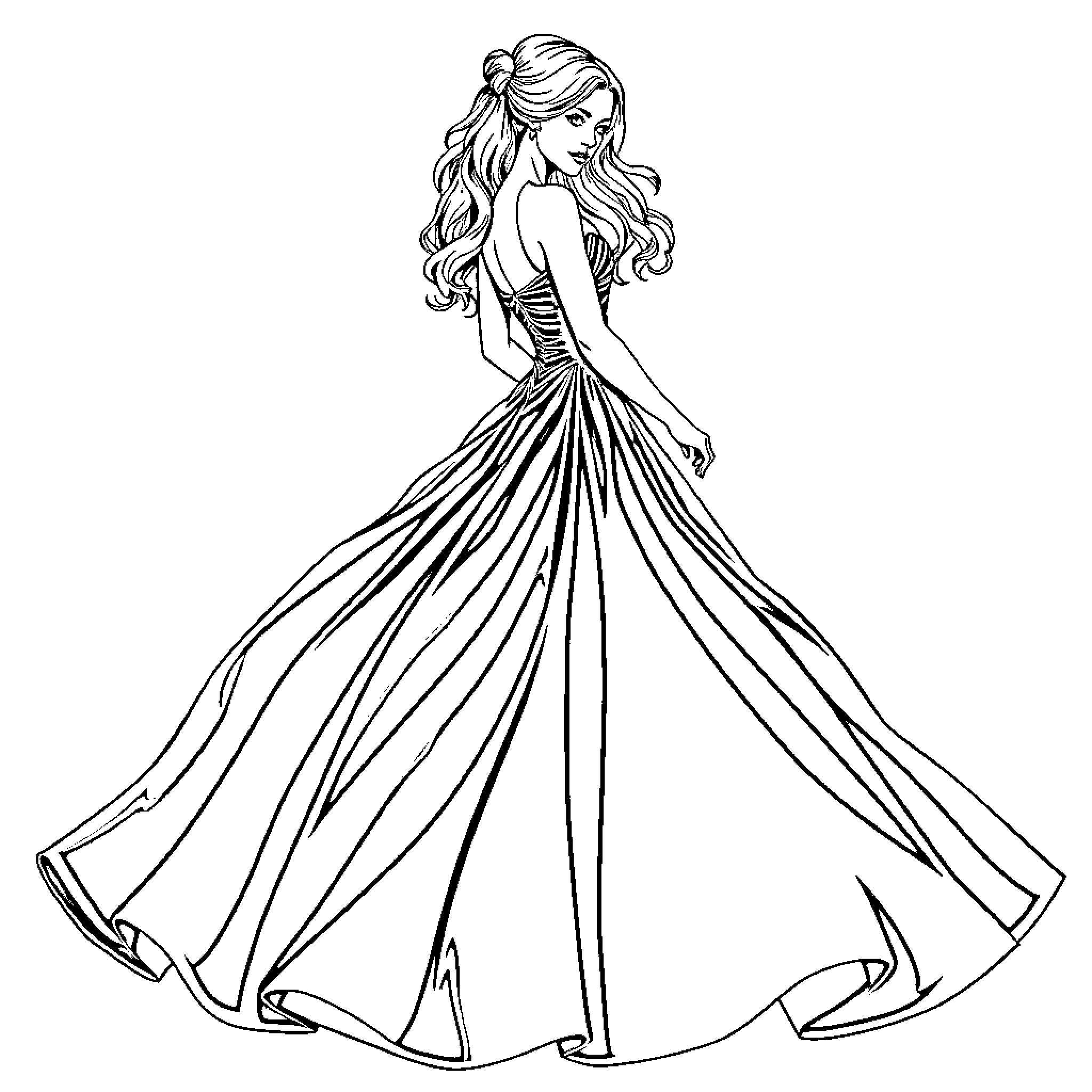 Gown with flowing skirt and long hair Coloring Page (free black-and-white line drawing printable PDF for all, from beginners to advanced learners, including children, teens, adults, and seniors)